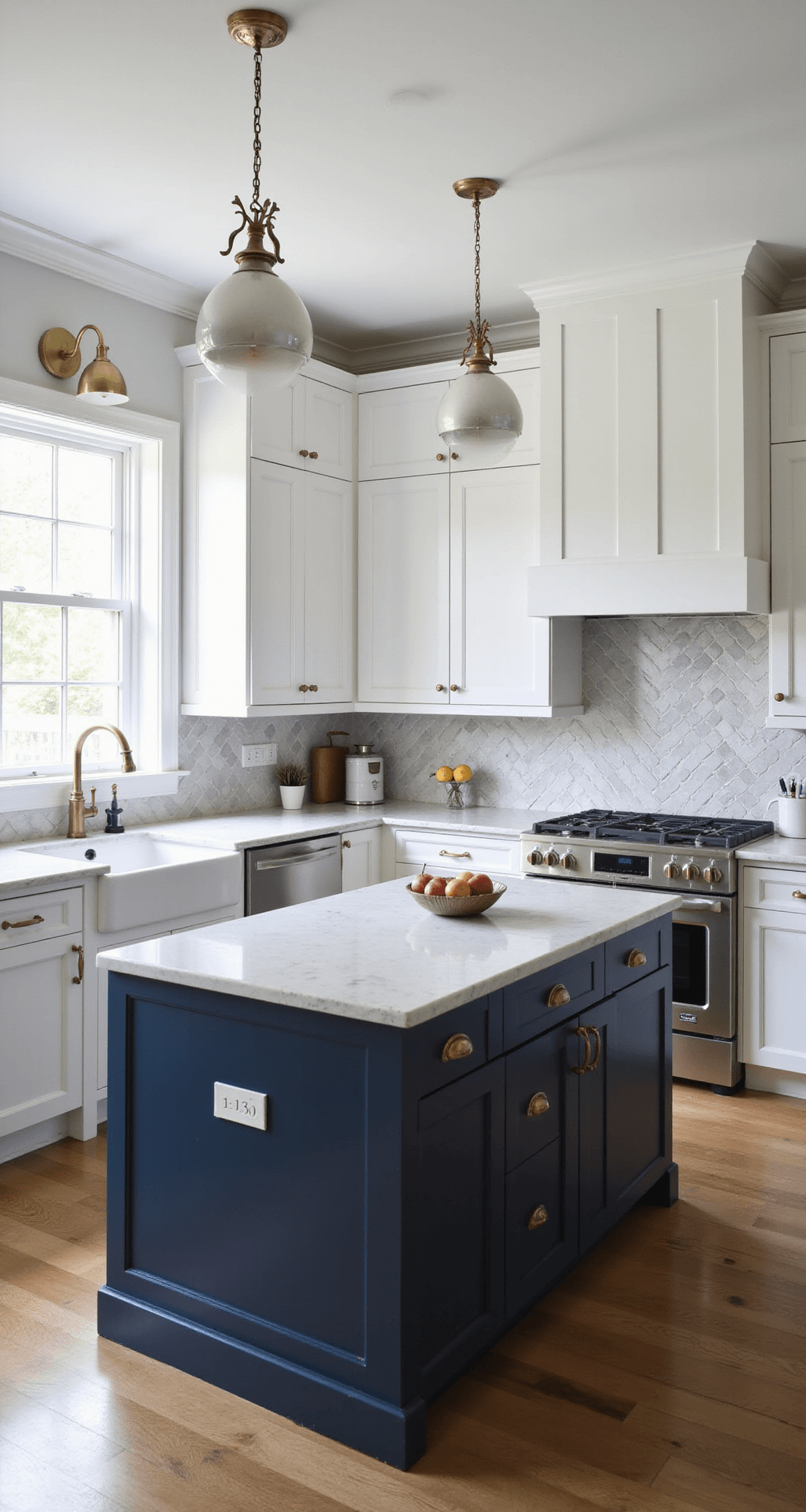 Transitional kitchen at twilight featuring white upper cabinets and a navy island, brass hardware, marble-look quartz countertops, and a herringbone tile backsplash, captured in a dramatic overhead shot that highlights the layout and flow, styled with classic mixed metal accessories.
