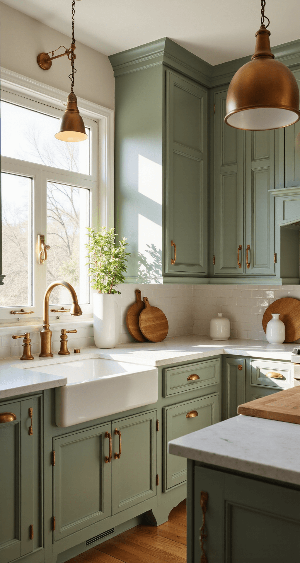 Sage Green Kitchen Cabinets: A Stylish Transformation for Your Culinary Space Interior of a sun-drenched kitchen featuring sage green shaker cabinets, white quartz countertops, and a butcher block island, illuminated by golden hour light through a large window, accented with matte gold hardware and stylish decor.