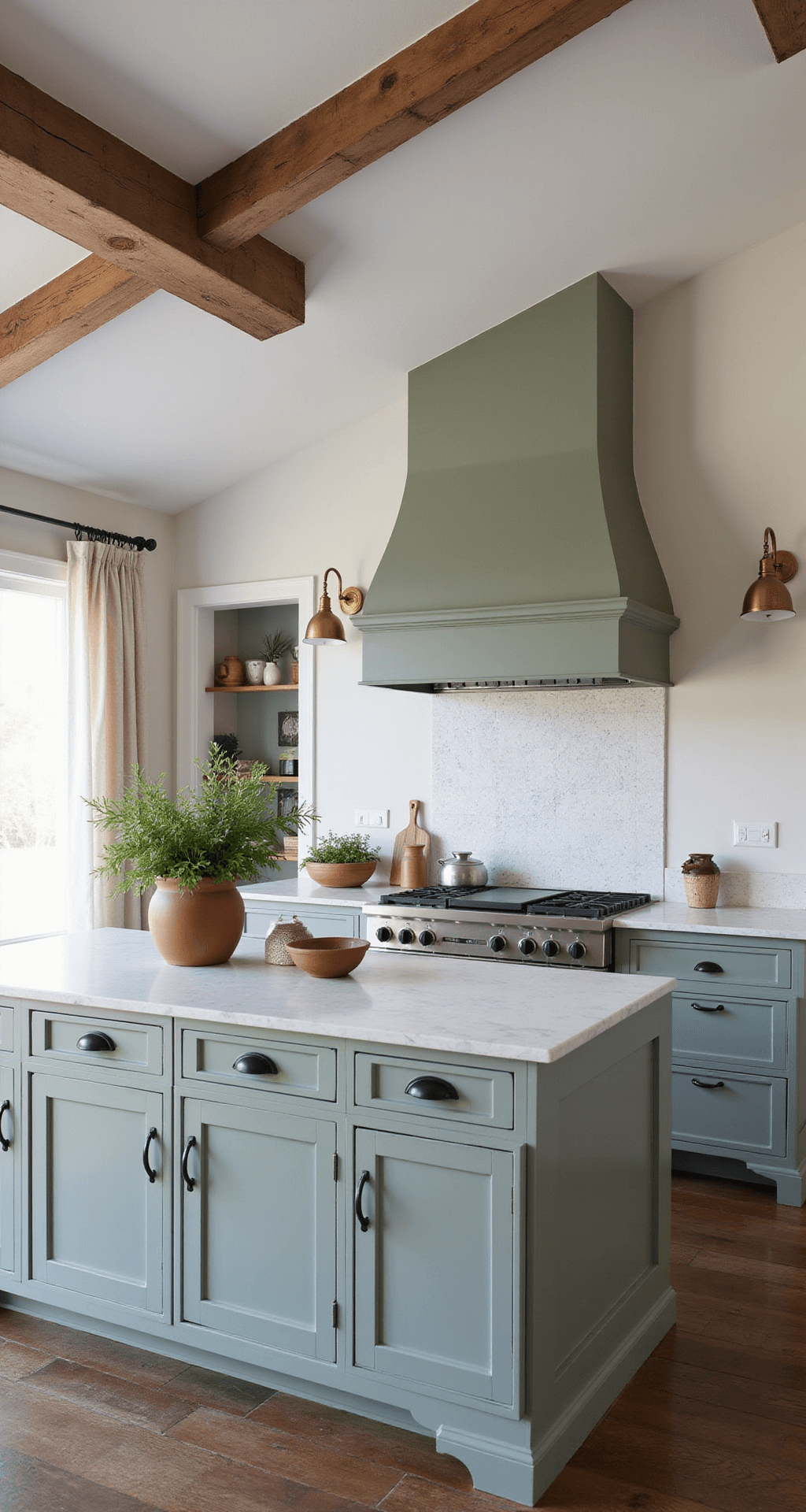 Modern farmhouse kitchen featuring vaulted ceilings, Sherwin Williams Rosemary cabinets, a large marble-topped island, vintage brass sconces, and exposed wooden beams, illuminated by soft morning light filtering through sheer curtains, adorned with artisanal pottery and fresh herbs in terracotta pots.