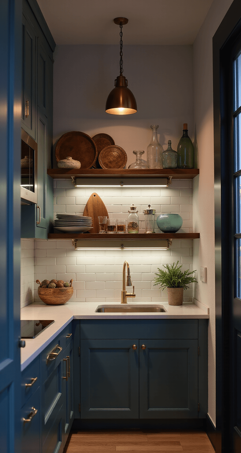 Intimate galley kitchen at dusk featuring Flora by Benjamin Moore cabinets with soft LED lighting, dramatic shadows on subway tile, mixed metal finishes, open shelving with earthenware and vintage glass, captured in a moody atmosphere at a straight-on perspective.