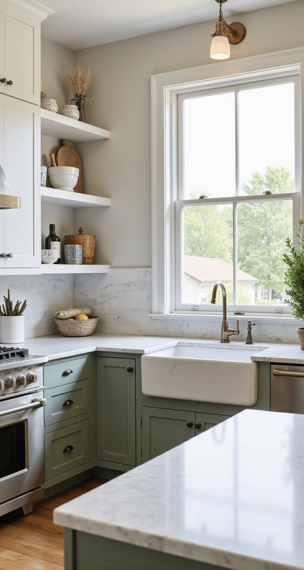 L-shaped kitchen with sage green lower cabinets and white upper cabinets, featuring Calacatta marble countertops and a large picture window, styled with vintage kitchenware and a potted olive tree, captured from an elevated angle in bright, natural light.
