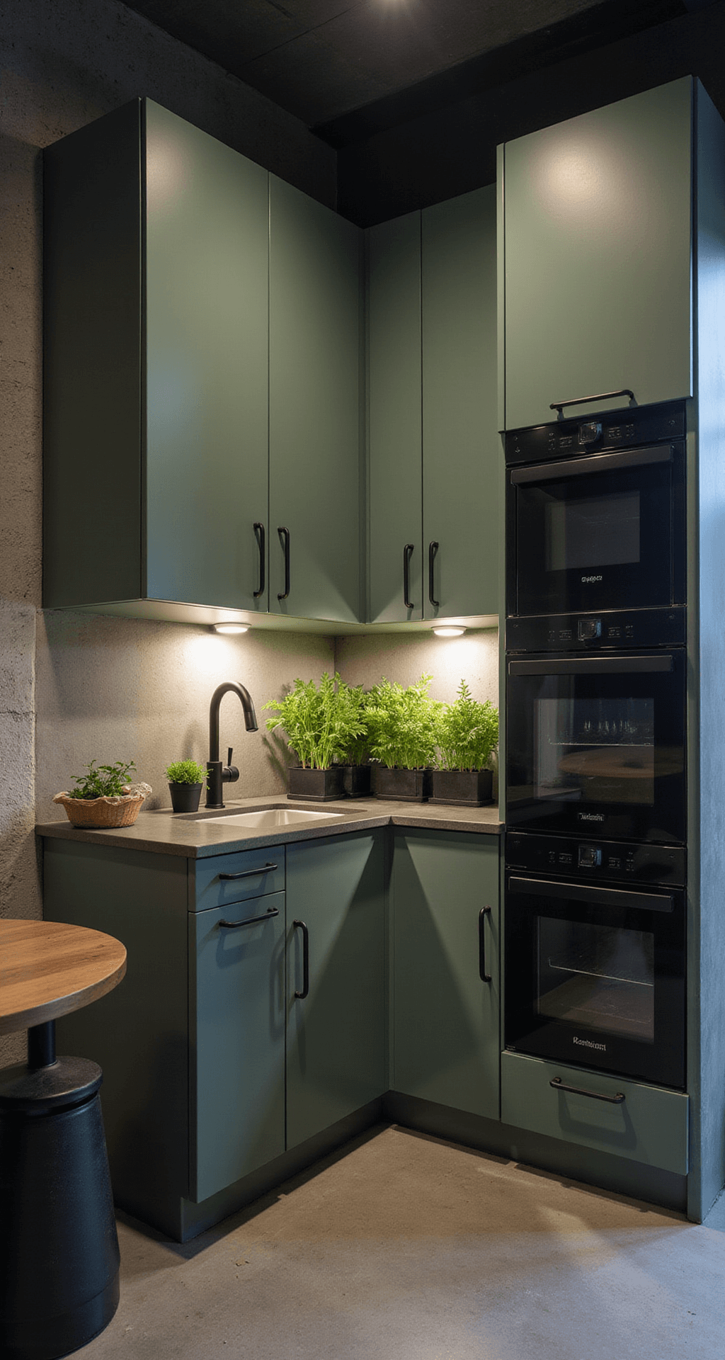 Compact urban kitchen at twilight featuring floor-to-ceiling sage green cabinets, integrated appliances, and minimalist matte black hardware. Concrete countertops add an industrial touch, while a small herb garden under grow lights offers a lively accent. The 24mm lens captures the vertical space amidst a moody atmosphere enhanced by strategic accent lighting.