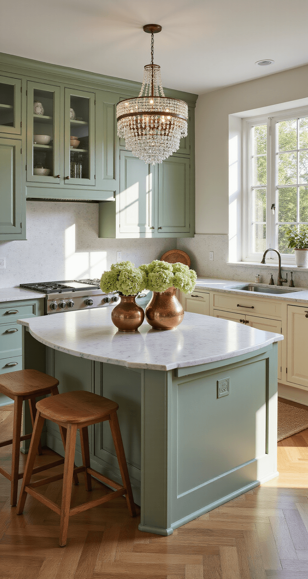 Elegant open-concept kitchen featuring two-tone sage green and cream cabinets, glass-front uppers, a marble-topped island with a crystal chandelier, herringbone wooden floors, and fresh hydrangeas in vintage copper vessels, illuminated by afternoon light.