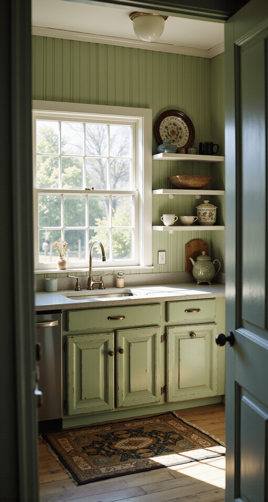 Cozy cottage kitchen with distressed sage green cabinets, sunlight streaming through a garden window over a farmhouse sink, white oak floating shelves displaying ironstone, and a vintage runner, creating a warm, inviting breakfast atmosphere.