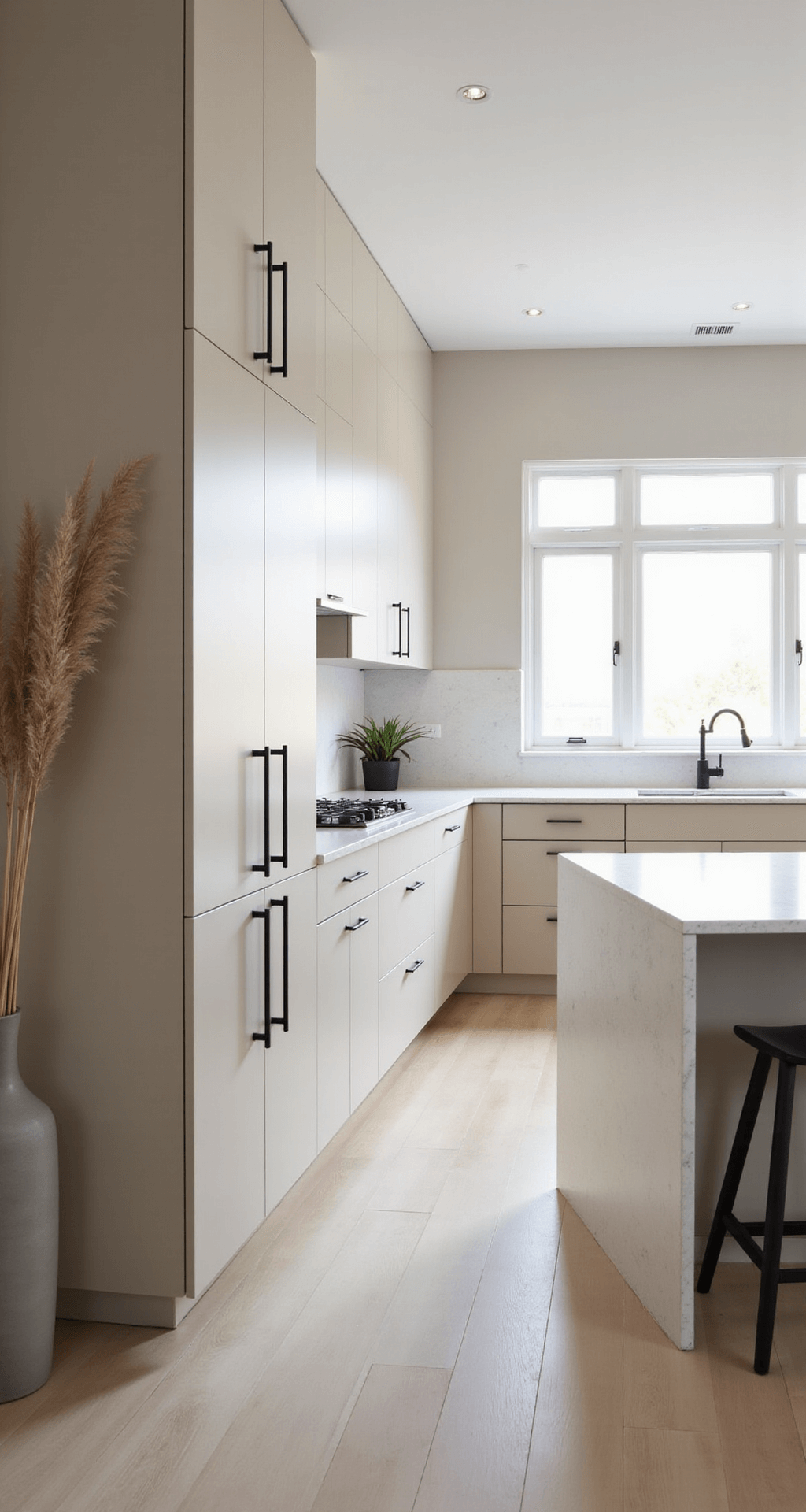Wide-angle view of a modern minimalist kitchen featuring beige slab-front cabinets, a white quartz waterfall island, and natural light streaming through floor-to-ceiling windows, accented by matte black hardware and minimal decor.