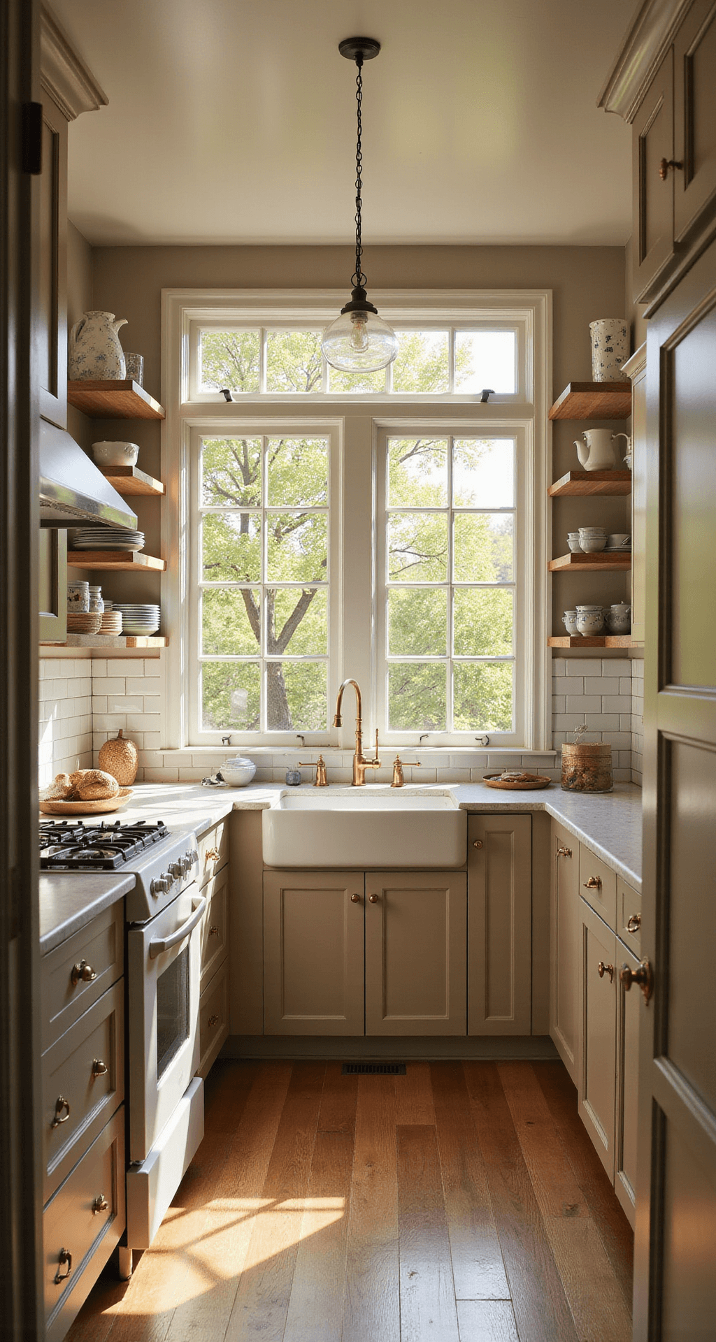 Intimate 15x12ft farmhouse chic kitchen at golden hour, featuring warm beige Shaker-style cabinets with antique brass cup pulls, white subway tile backsplash, open shelving with ironstone pottery, and wide plank oak floors, shot from a low angle to highlight pendant lights and ceiling height.