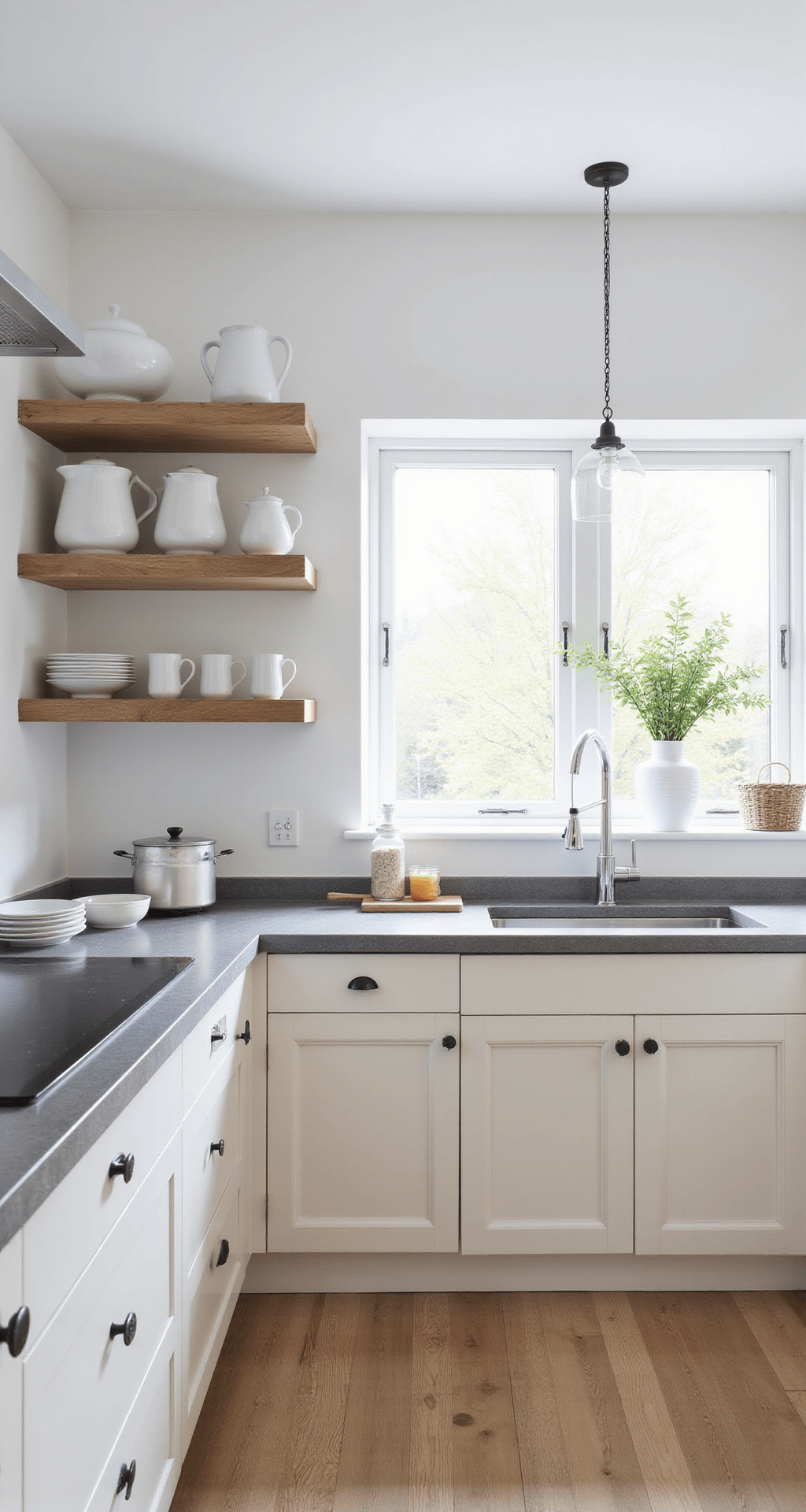 Bright Scandinavian-inspired kitchen featuring light beige cabinets with invisible handles, pale oak open shelving with white ceramics, and concrete countertops. The walls are white, enhancing natural light in the 18x14ft space, captured from a straight-on view at eye level.