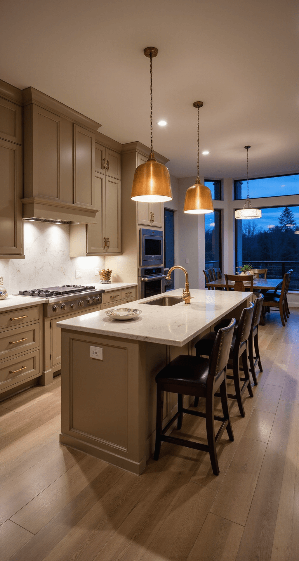 Spacious contemporary luxe kitchen featuring tall beige cabinets, a marble backsplash, and dramatic island pendant lights, captured at dusk with moody atmospheric lighting and a view into the dining area.