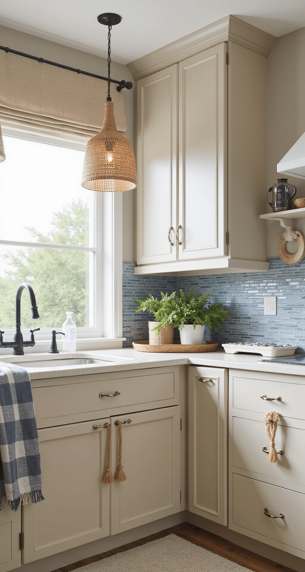 A sun-drenched coastal kitchen featuring sandy beige cabinets, blue-gray glass tile backsplash, rattan pendant lights, and woven textiles, captured from a corner angle with bright natural lighting and a window view.