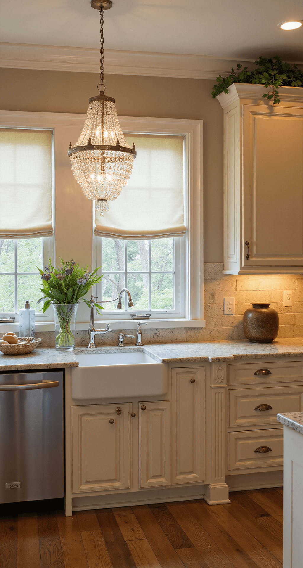 A traditional elegance kitchen with rich beige cabinets, marble countertops, and a crystal chandelier, featuring afternoon light filtering through Roman shades and a symmetrical design captured from the entrance.