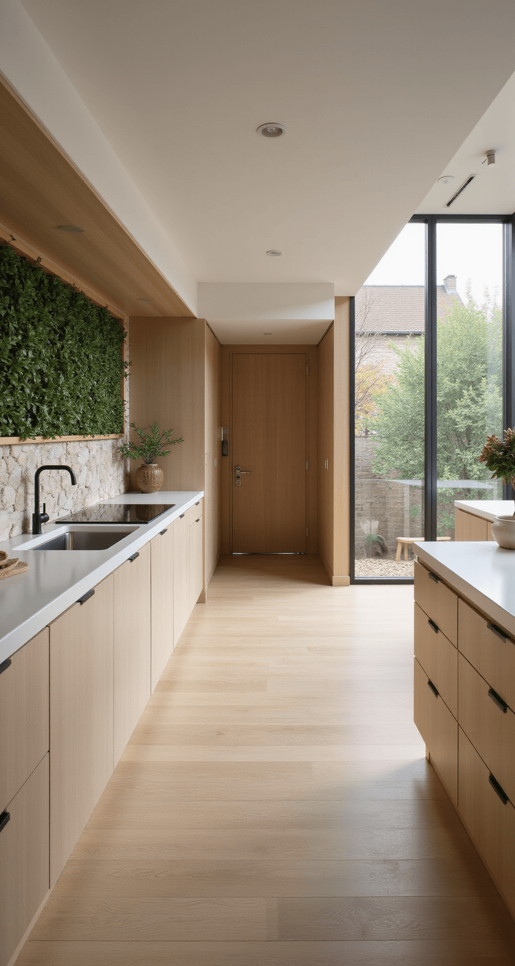 Modern organic kitchen featuring warm beige cabinets with integrated pulls, a living wall, bamboo accents, and stone textures, all illuminated by soft morning light.