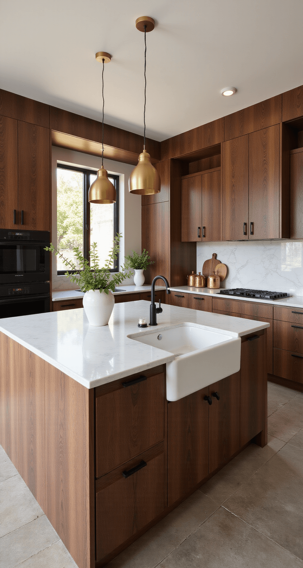 A modern kitchen featuring sleek walnut cabinets, a white quartz waterfall island, and contrasting matte black appliances, illuminated by golden hour light streaming through floor-to-ceiling windows.