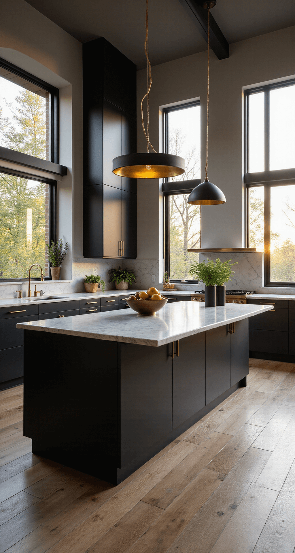 A modern luxe kitchen featuring matte black cabinets, Calacatta marble countertops, and brushed gold accents, illuminated by warm late afternoon sunlight from floor-to-ceiling windows. Geometric ceramics, fresh herbs in copper planters, and a vibrant fruit bowl are styled across a wide island with white oak flooring, creating a moody yet inviting atmosphere.