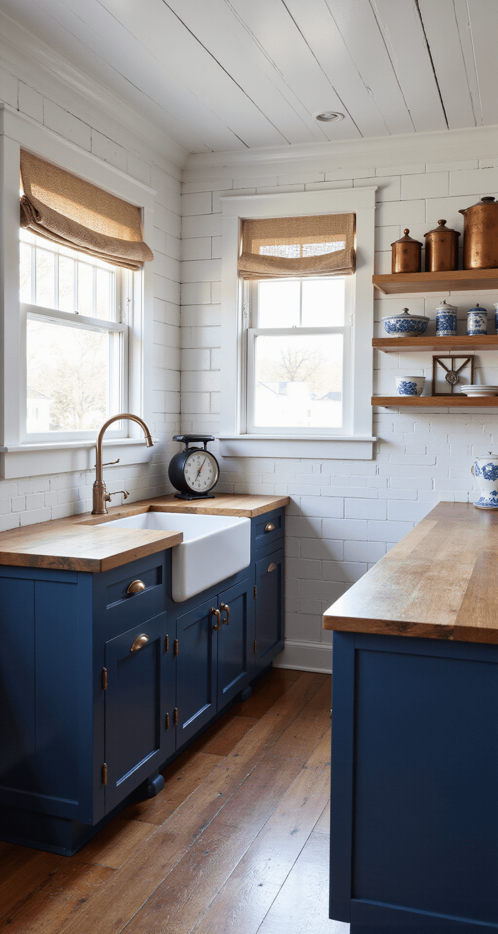 Intimate galley kitchen with white shiplap ceiling, deep navy cabinets, butcher block countertops, and copper cookware, illuminated by soft morning light through Roman shades.