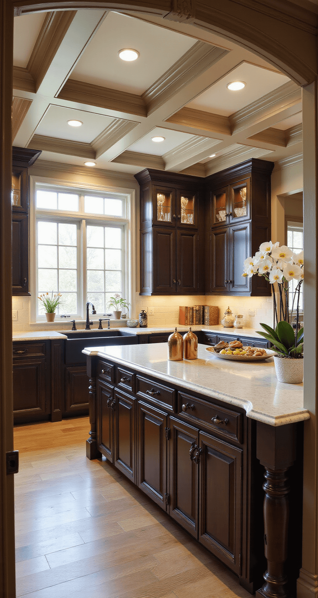 Spacious traditional kitchen featuring rich espresso cabinetry, coffered ceilings, and cream quartz countertops, illuminated by mid-morning light through mullioned windows, with a large island and styled decor.