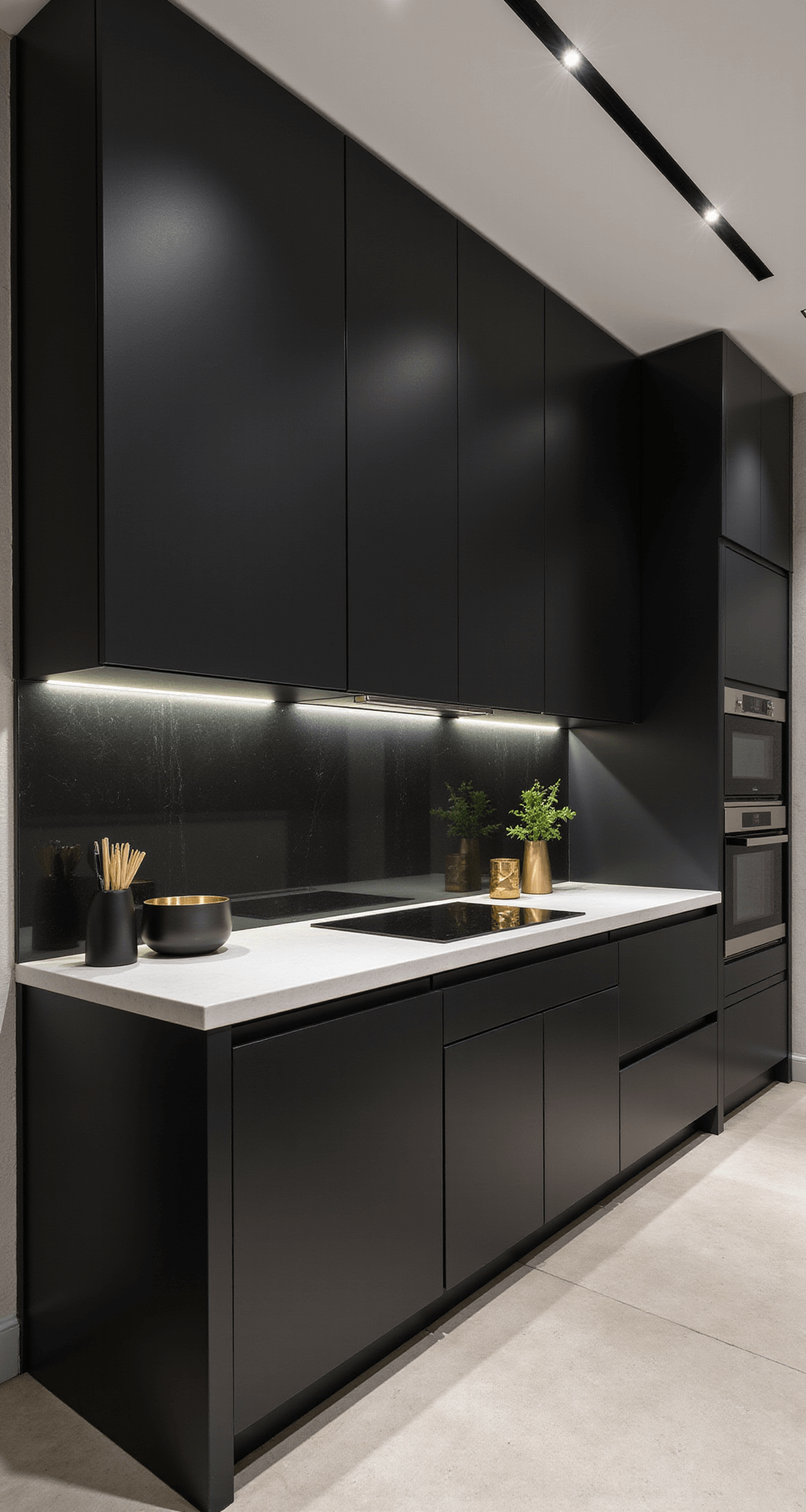 Contemporary dark kitchen featuring black ceiling-height cabinets, a white concrete waterfall island, and smoked glass backsplash, accented by dusk lighting and geometric brass and matte black accessories.
