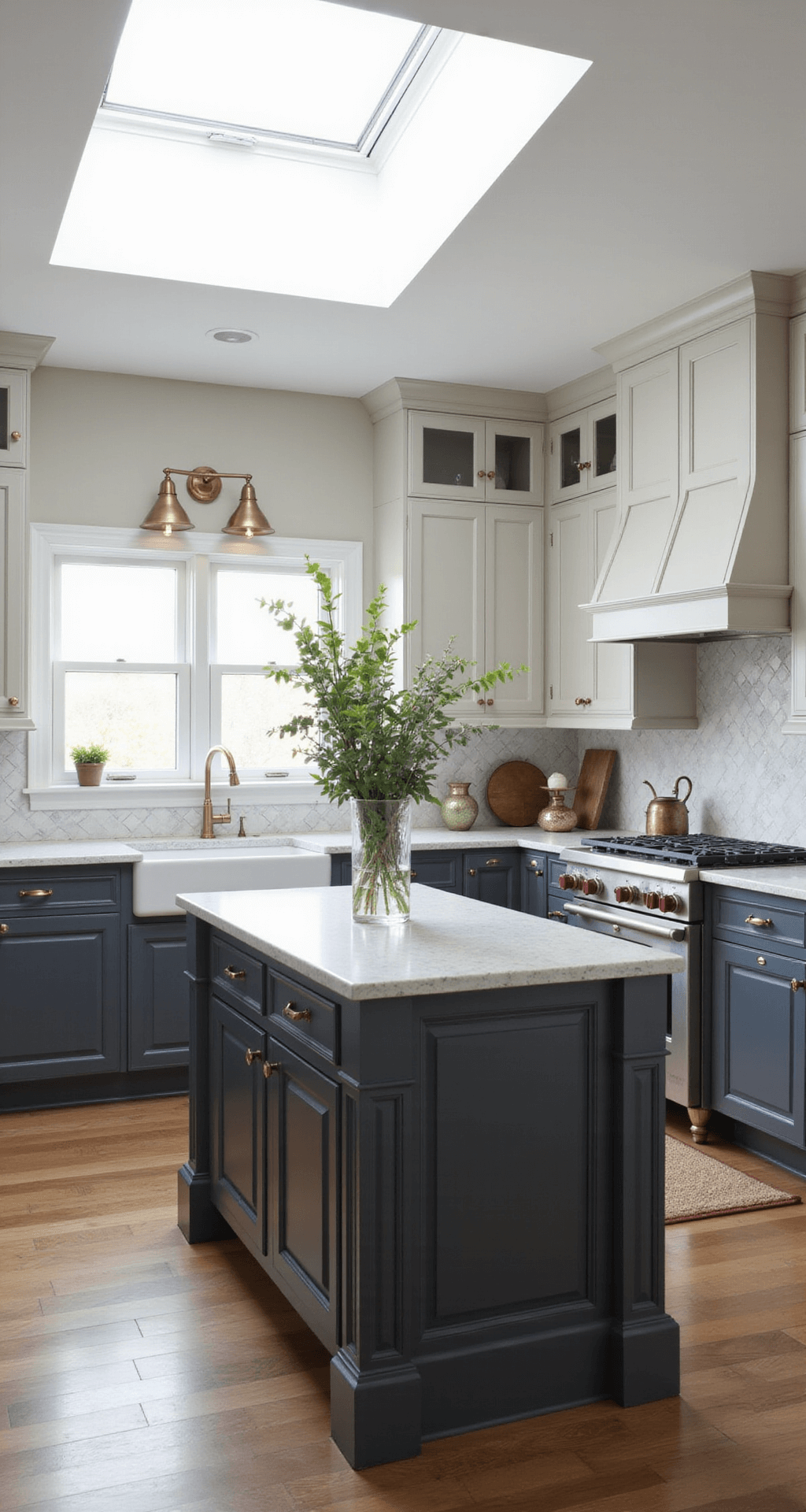 L-shaped transitional kitchen with charcoal base cabinets and light upper units, showcasing a marble herringbone backsplash, honed granite counters, and a contrasting white island top. Natural light fills the space through a skylight, enhanced by brass sconces, while artisanal ceramics, vintage copper, and greenery add charm.