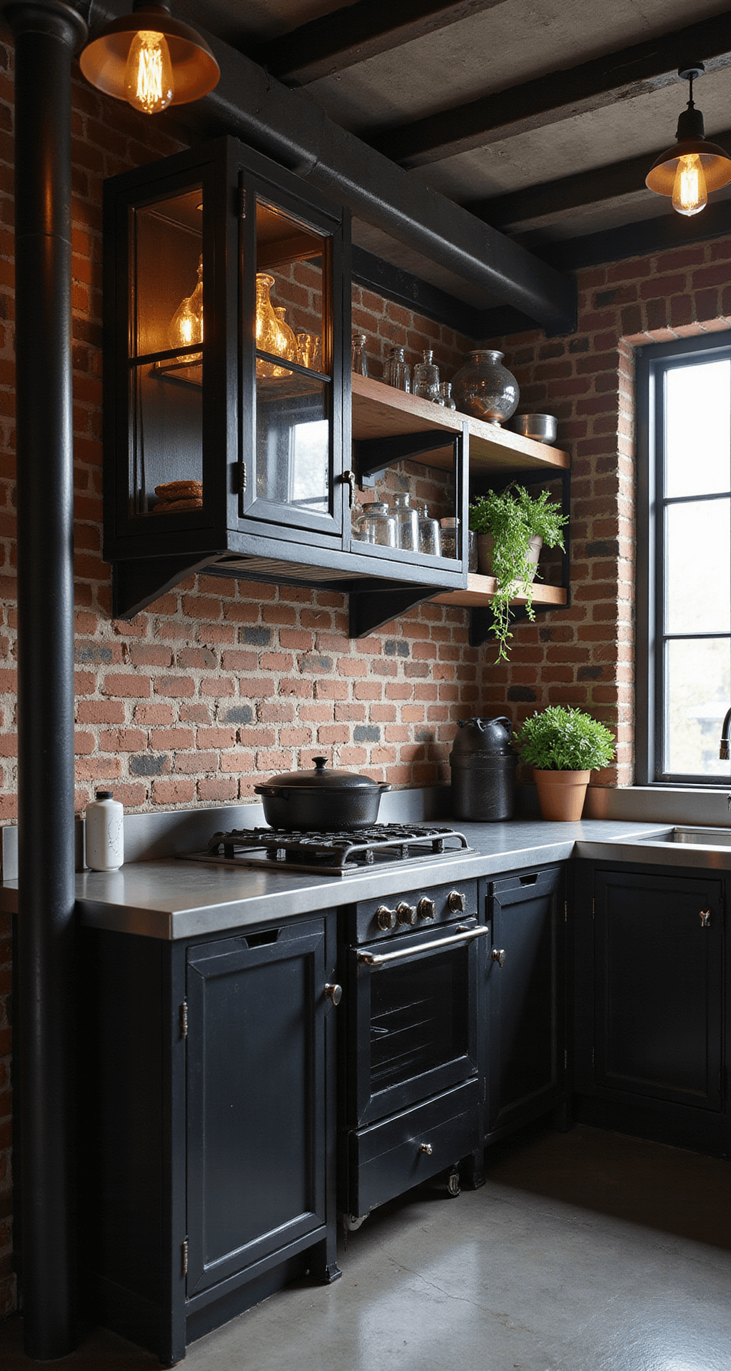 A high angle view of a raw industrial dark kitchen featuring exposed brick walls, steel beams, dramatic black metal cabinets with ribbed glass inserts, stainless steel counters, and open shelving displaying cast iron cookware. The evening ambiance is enhanced by vintage filament bulbs and industrial pendant lights, surrounded by potted herbs and industrial artifacts, creating a moody urban atmosphere.
