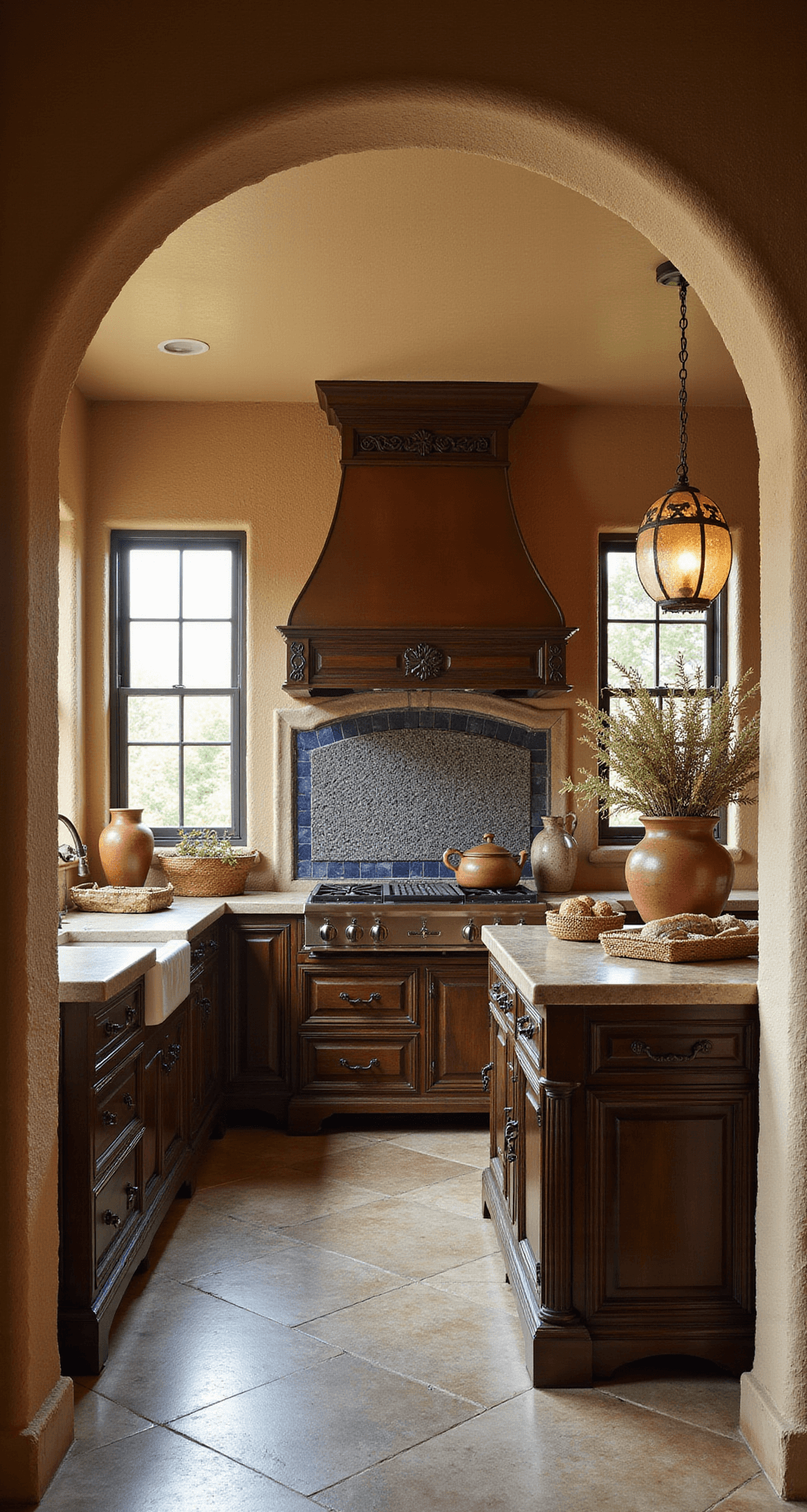Warm Mediterranean dark kitchen featuring arched doorways and textured walls, dark walnut cabinets with carved details, an antique copper range hood, limestone counters, and deep blue handmade tile backsplash, all bathed in golden afternoon light.