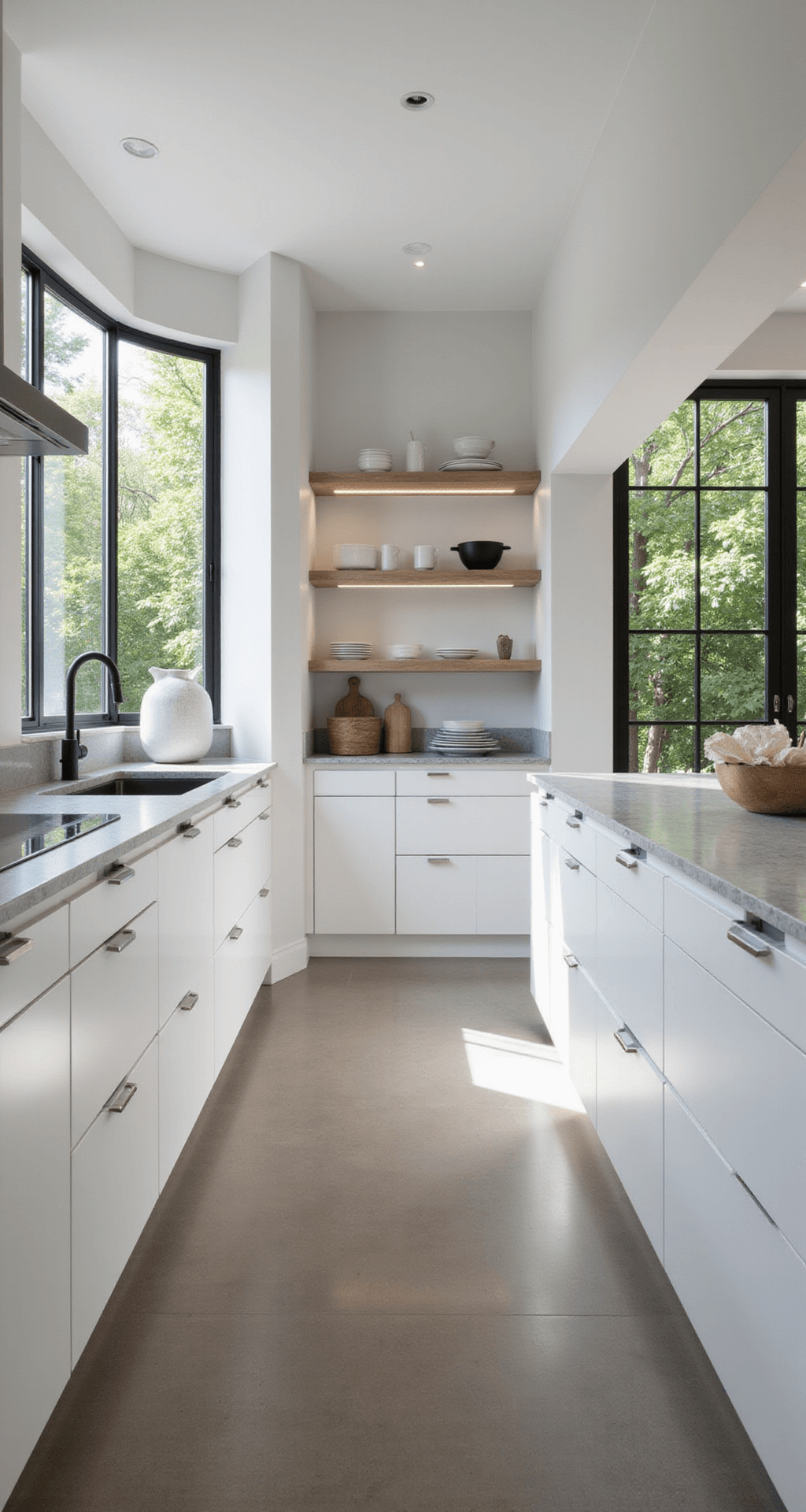 A spacious contemporary kitchen with high-gloss white cabinets, a waterfall quartzite island, and floor-to-ceiling windows, featuring matte black fixtures and minimalist decor, illuminated by natural light and under-cabinet LEDs.