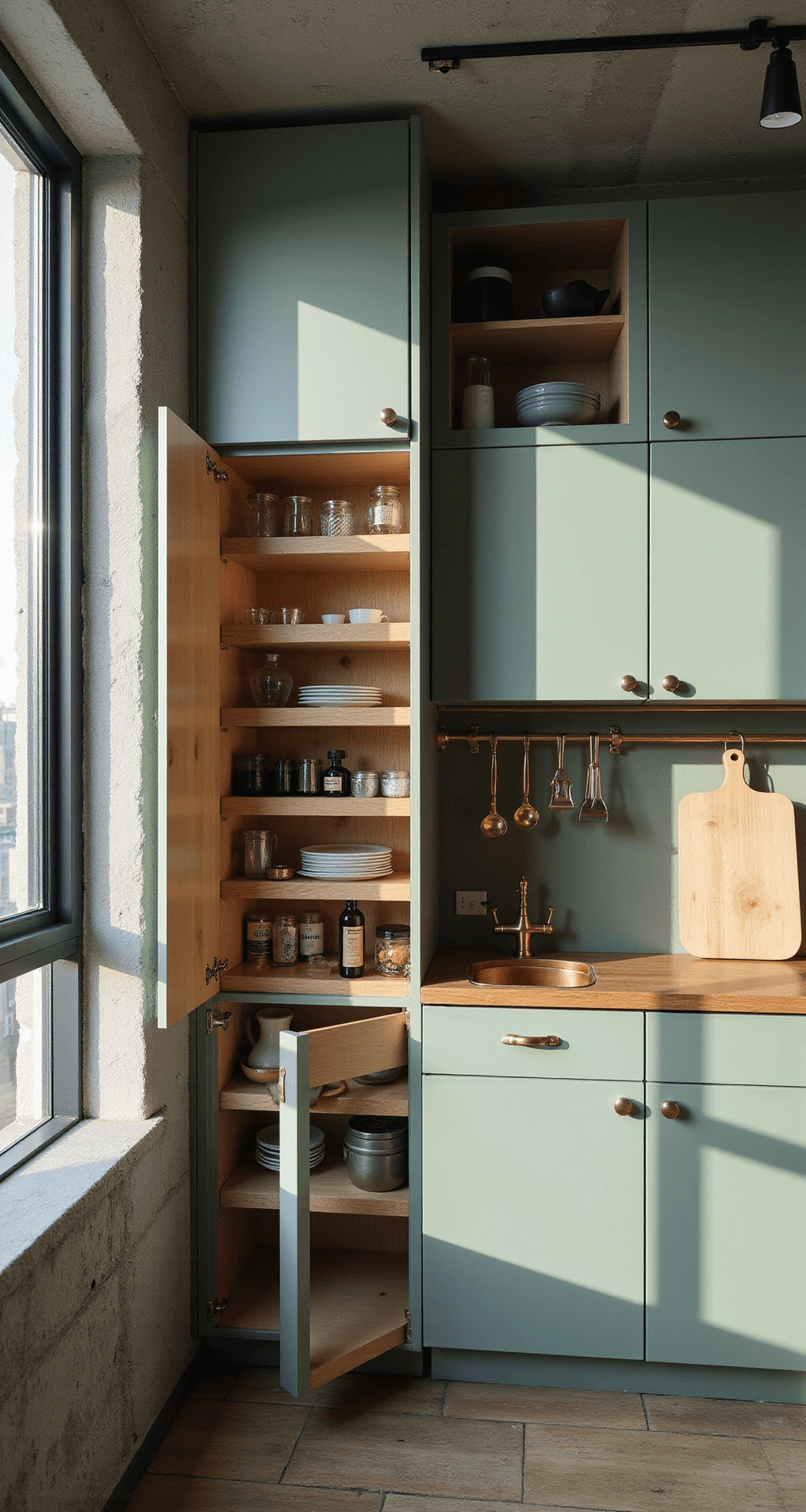 Compact urban kitchen featuring sage green modular units, vertical storage solutions, pull-out pantry, magnetic knife strips, and fold-down workspace, illuminated by afternoon light through an industrial window, emphasizing a modern farmhouse aesthetic with mixed metal finishes.