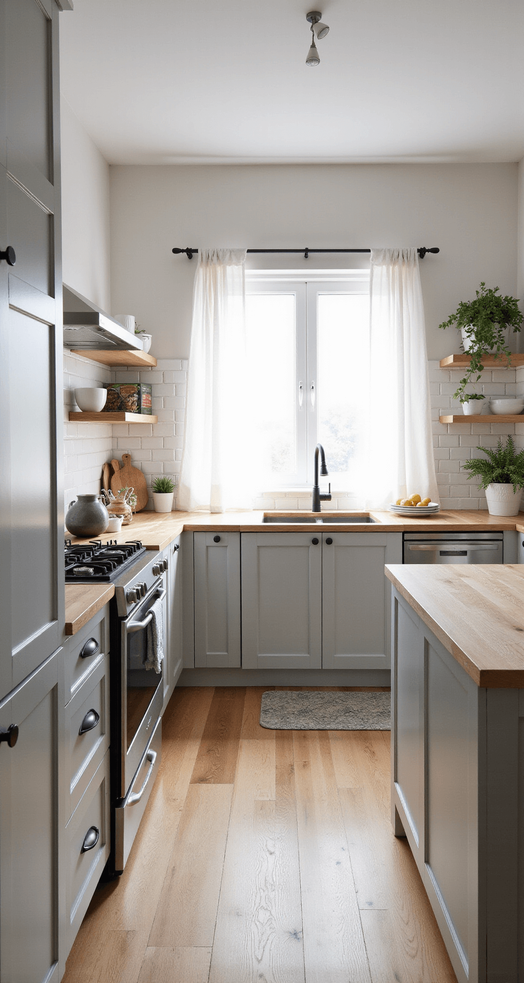 Bright 14x16ft kitchen designed with a budget-friendly IKEA modular system in light grey, featuring a white subway tile backsplash, butcher block counters, and open shelving, with a large central island and breakfast bar seating. Morning light filters through sheer curtains, highlighting a Scandinavian minimalist aesthetic with natural materials. Wide-angle perspective captures the spacious layout and lived-in styling.