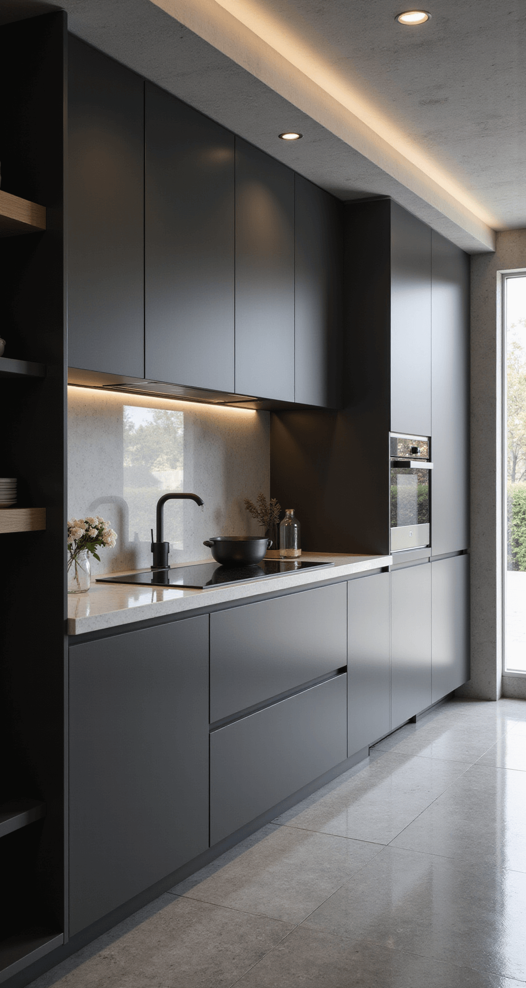 A sleek 16x18ft kitchen featuring anthracite grey Noblessa cabinets with integrated handle-less design, a pure white quartz waterfall island, and dramatic evening lighting enhanced by LED strips, showcasing a monochromatic palette and ultra-modern styling with glass and steel accents.