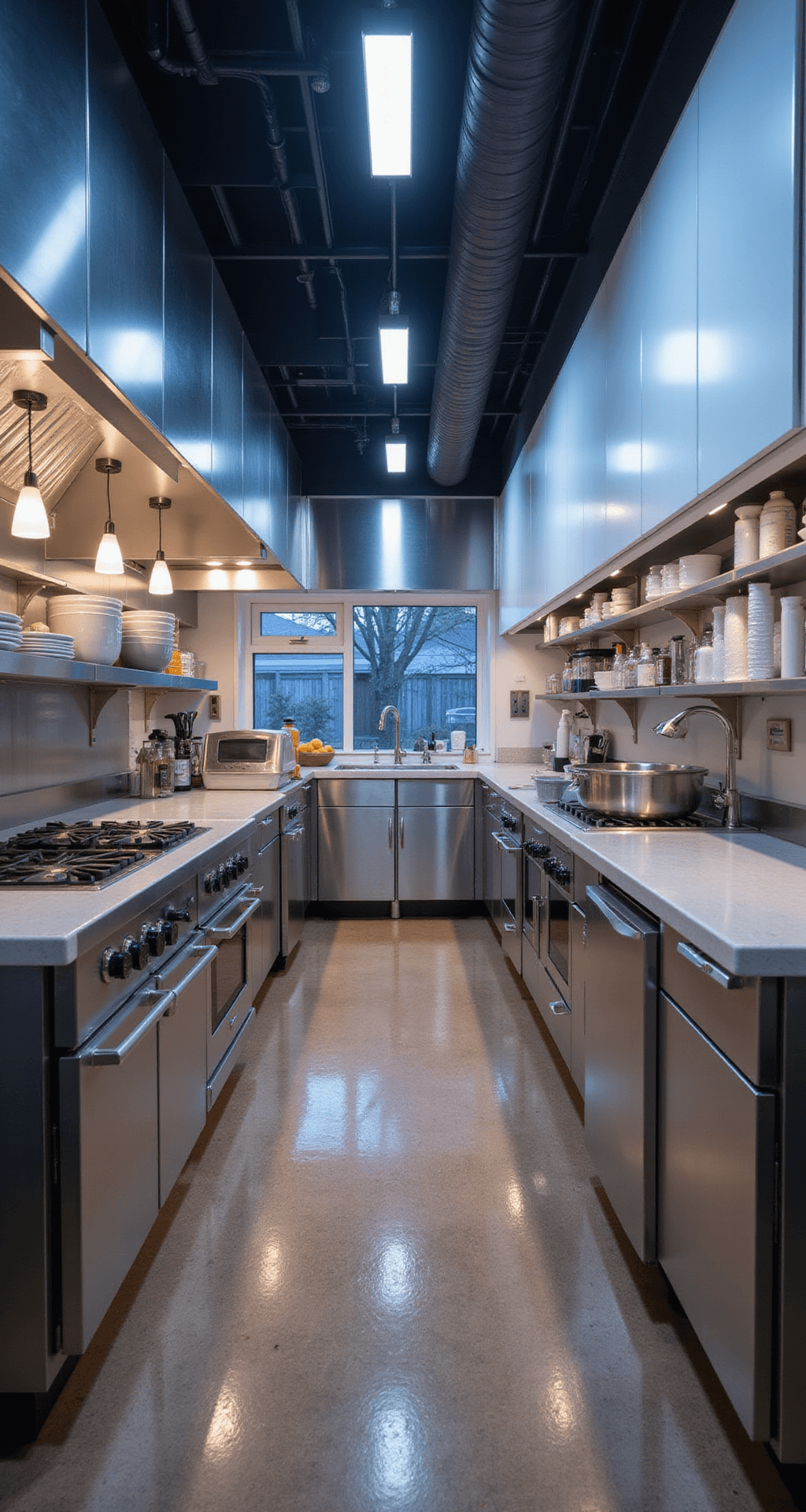Expansive 20x24ft professional kitchen featuring stainless steel lower cabinets and white upper units, multiple prep stations, and industrial pendant lighting, captured during blue hour with a focus on workflow zones and cool tones complemented by warm wood accents.