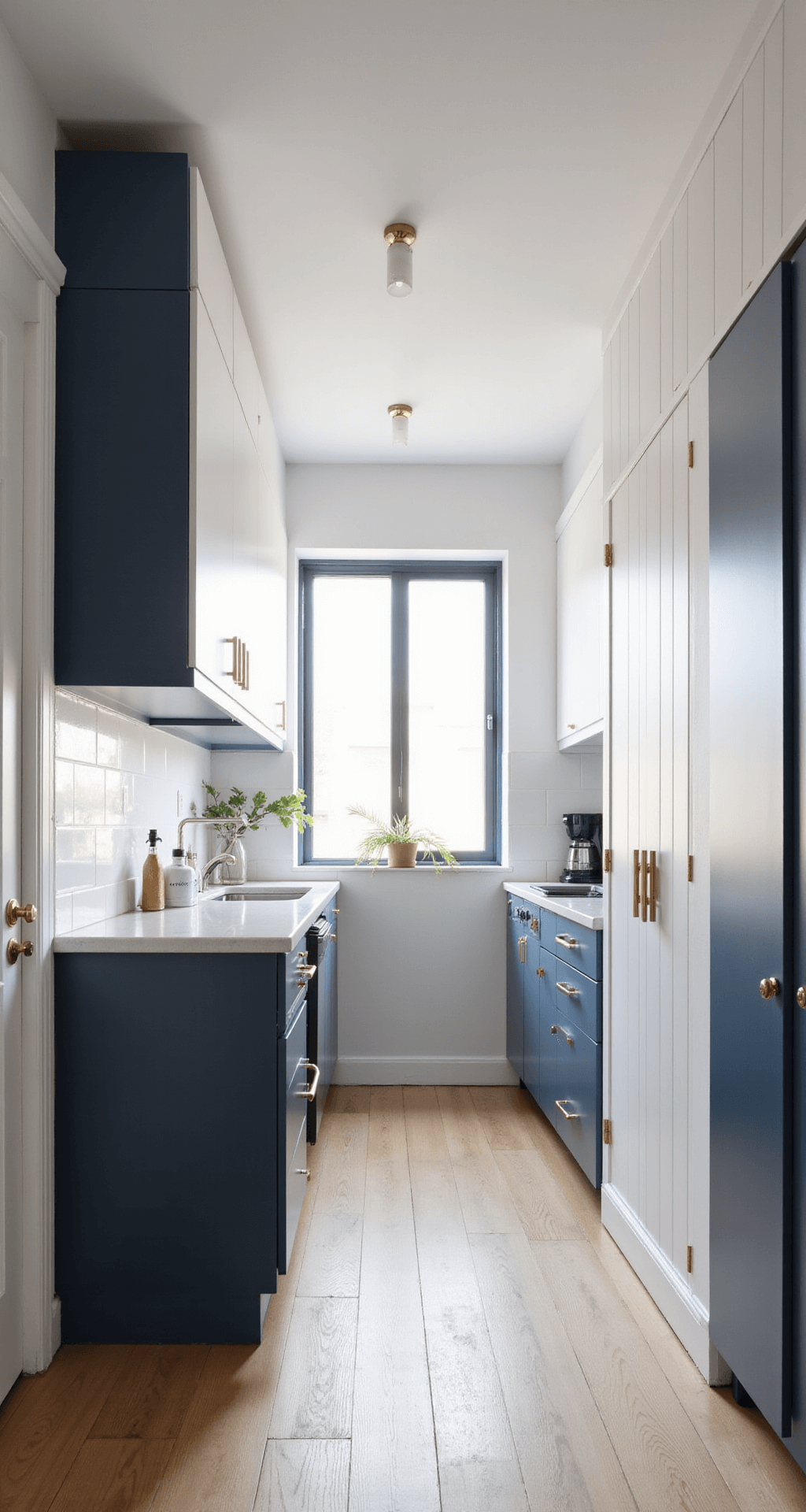 A compact 8x10ft galley kitchen featuring two-tone navy and white modular cabinets, pull-out pantry units, and integrated appliances, illuminated by natural light and strategic task lighting, styled with minimal accessories and brass hardware in a coastal-inspired palette.