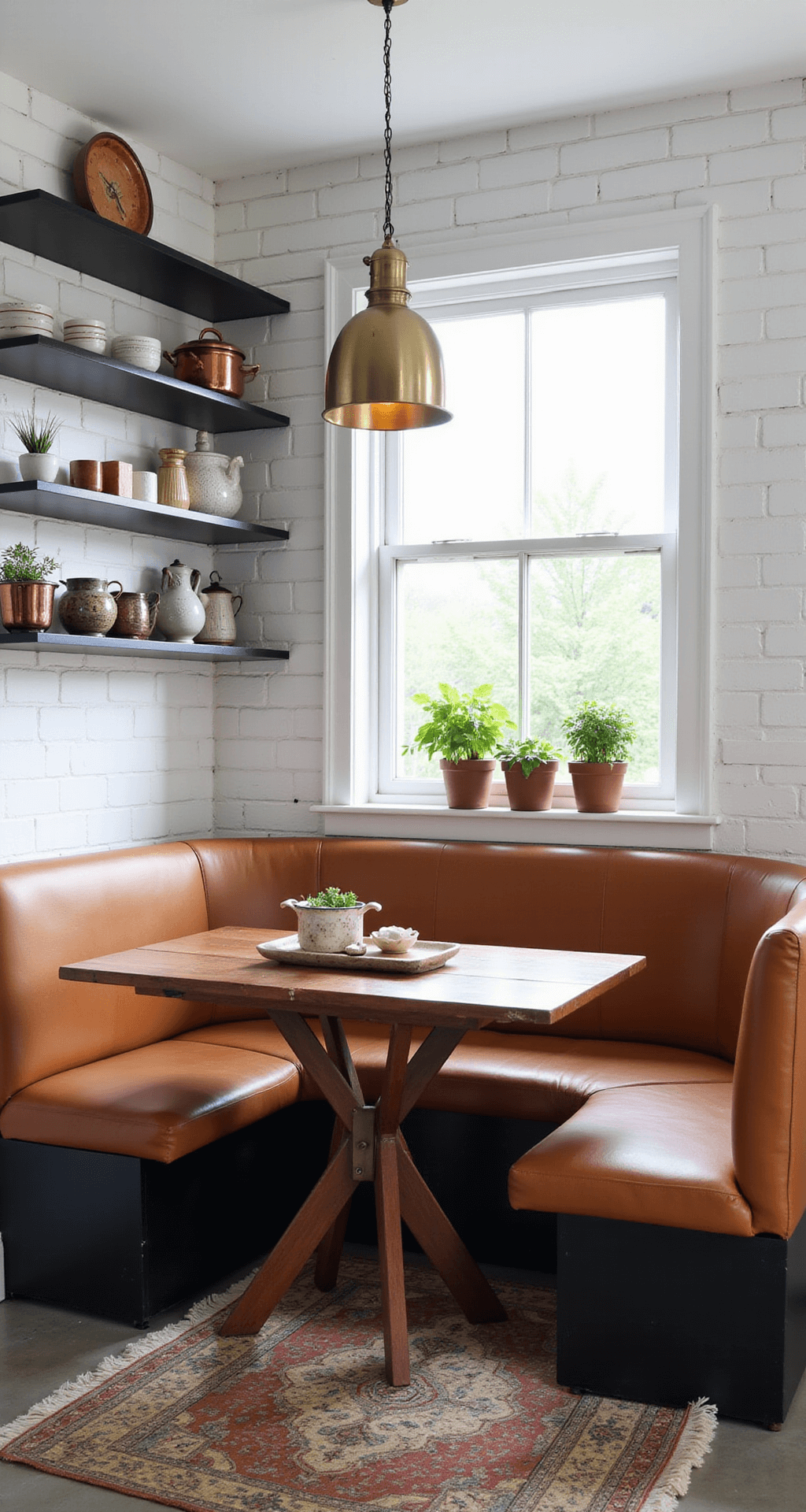 Compact kitchen nook with white tiles, matte black shelving of ceramics and copper cookware, cognac leather banquette, walnut table, brass pendant light, and window herb garden, highlighted by morning light on concrete floors.