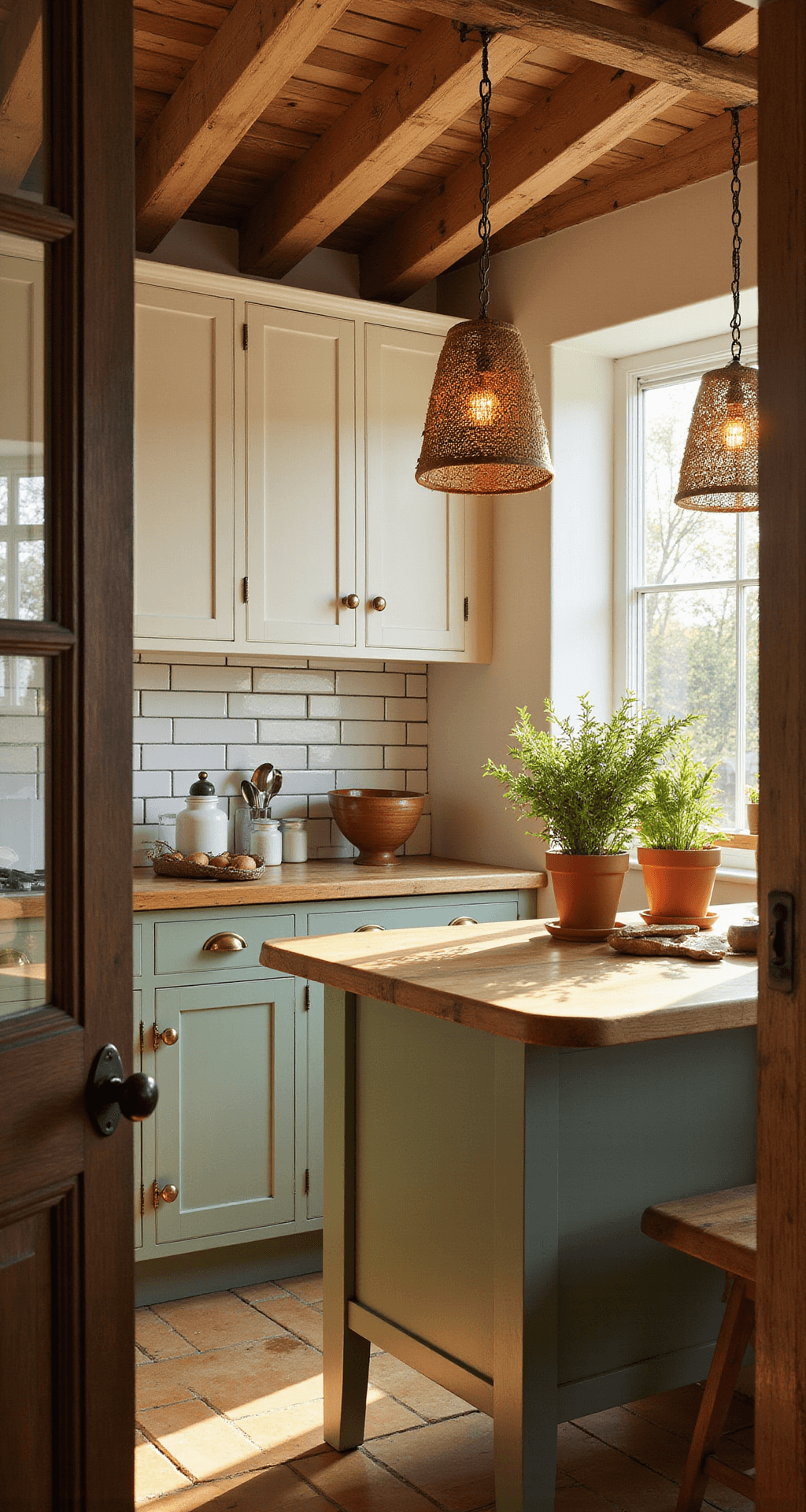 A cozy farmhouse kitchen with exposed wooden beams, featuring sage green lower cabinets and cream upper cabinets. Vintage brass hardware reflects warm golden hour light, while a subway tile backsplash adds texture. The scene is viewed from the doorway, showcasing warm sunlight on a weathered oak island styled with ceramic canisters and fresh herbs in terracotta pots, illuminated by woven pendant lights.