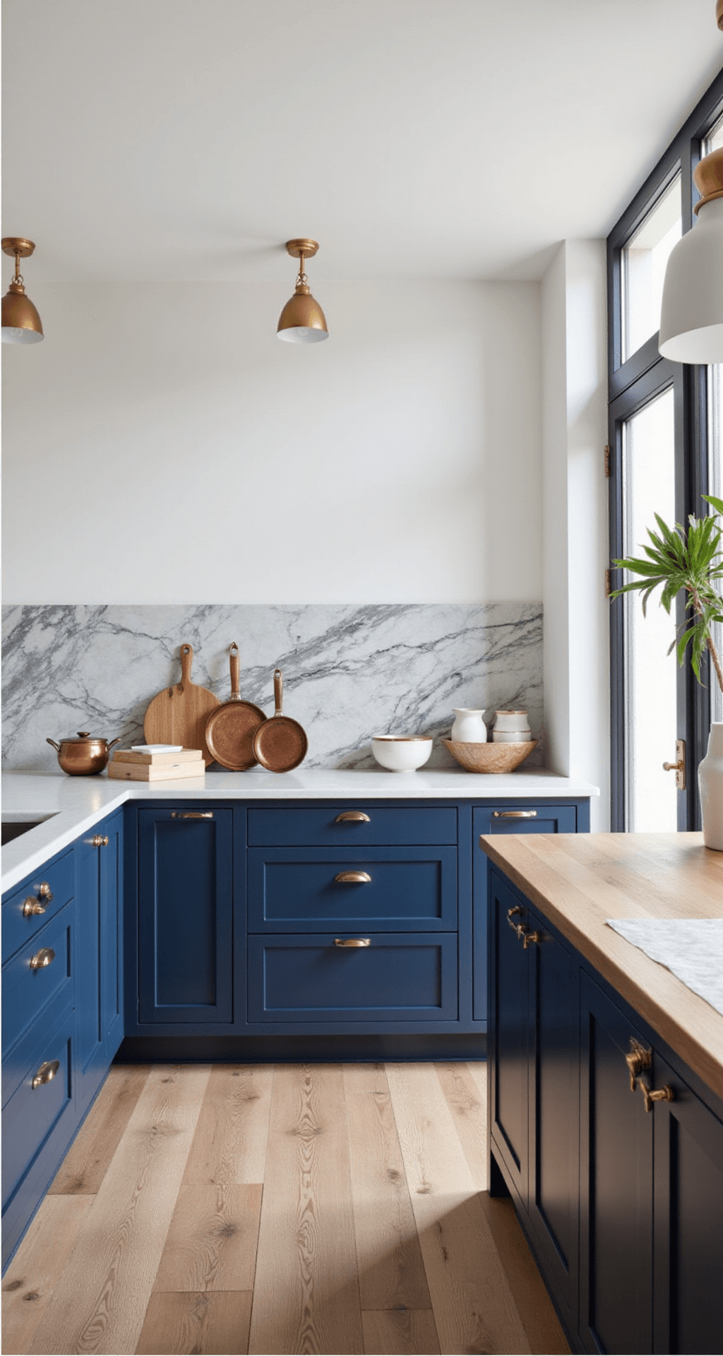 Contemporary two-tone kitchen featuring navy lower cabinets and white oak upper cabinets, with a waterfall island. The space is illuminated by morning light, highlighting a marble backsplash with dramatic veining, artisanal ceramics, and copper cookware, complemented by brushed gold hardware and pendant lights. Wide plank white oak flooring adds warmth to the design.