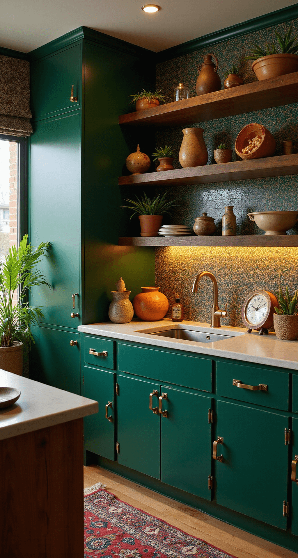 Eclectic bohemian kitchen featuring dramatic emerald green cabinets, a Moroccan tile backsplash in jewel tones, vintage brass hardware, and open shelving adorned with global artifacts and plants, illuminated by warm layered lighting at twilight.