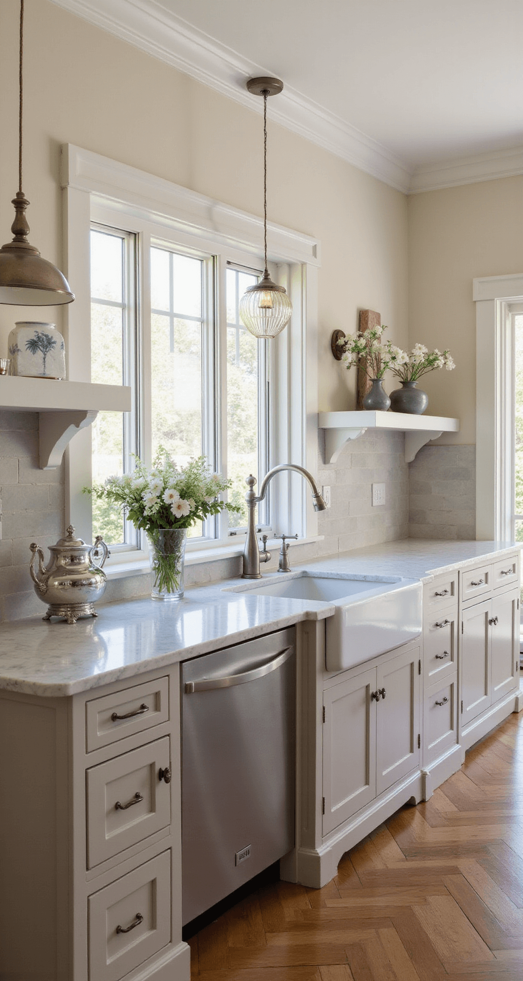 Traditional kitchen featuring custom inset cabinets in warm greige, polished nickel hardware, and marble counters, illuminated by late afternoon light. Herringbone wood floors create depth, styled with a silver tea service and white florals, with layered lighting from sconces and pendants against soft cream walls.