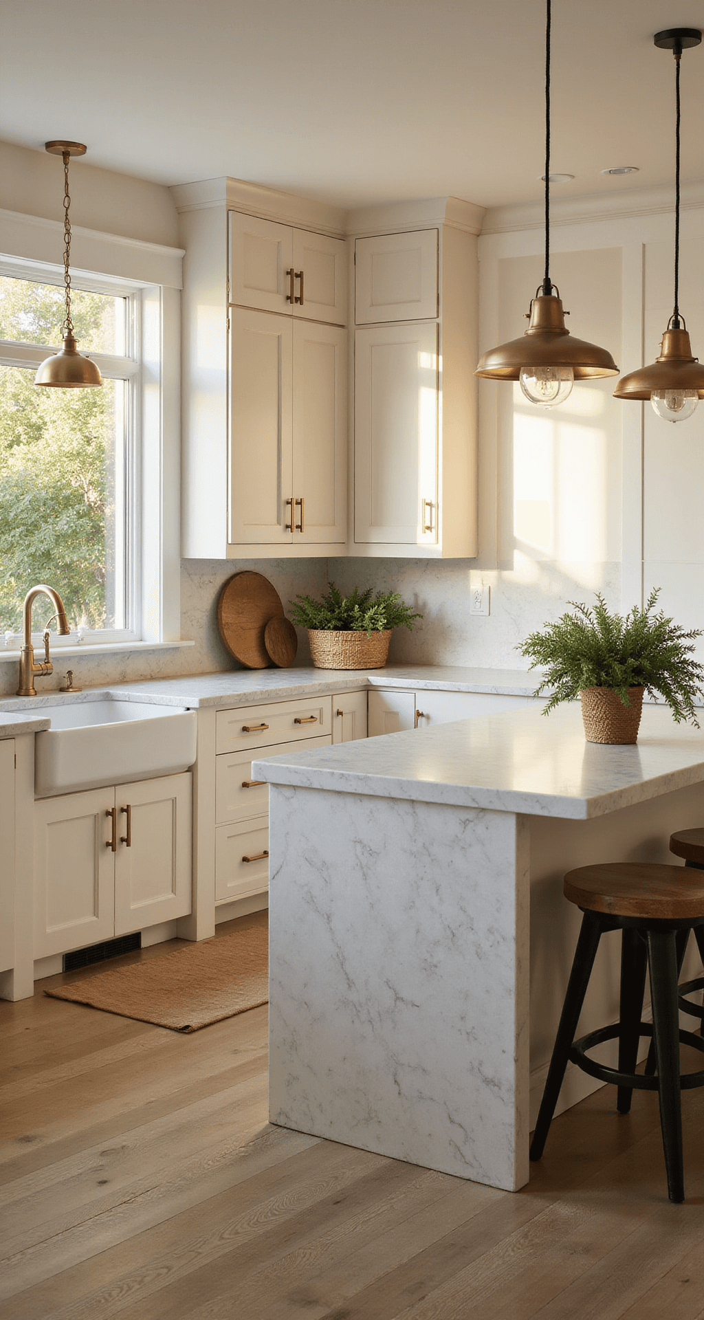 Spacious transitional kitchen with cream Shaker-style cabinets, Carrara marble waterfall island, and brushed gold accents, illuminated by warm afternoon light through a large window, featuring artisanal decor and wide-plank white oak flooring.