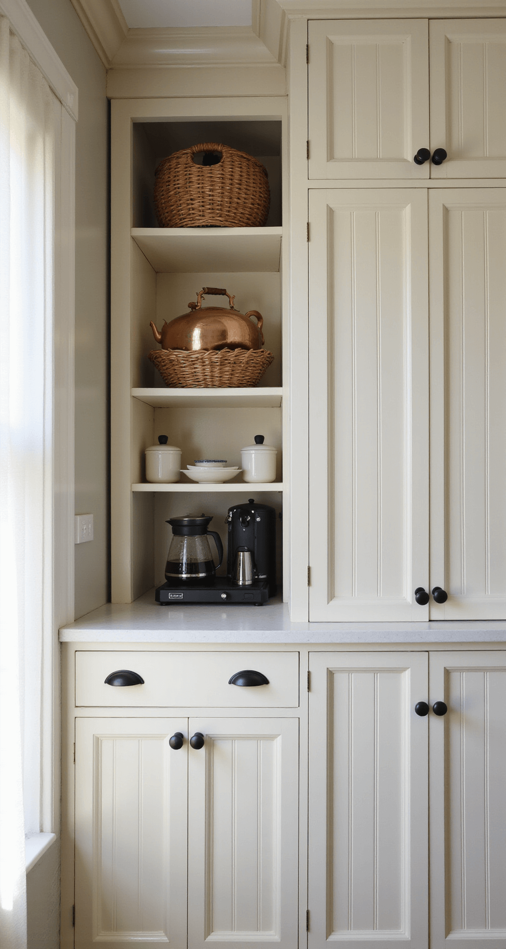 Close-up of a cream cabinet coffee station styled with beadboard detailing, matte black hardware, handwoven rattan baskets, vintage copper kettles, and ceramic canisters, bathed in soft morning light with a focus on hardware details.