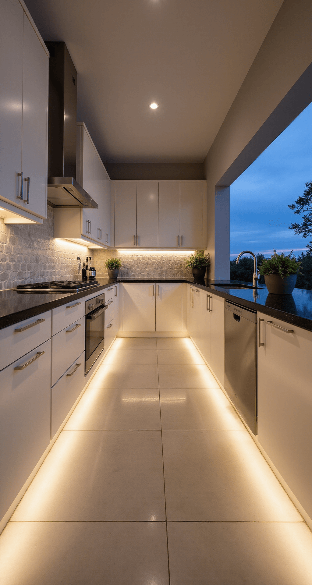A contemporary kitchen featuring cream cabinets, black granite countertops, and a geometric tile backsplash, illuminated by under-cabinet LED lighting and evening light, with minimalist décor and greenery.
