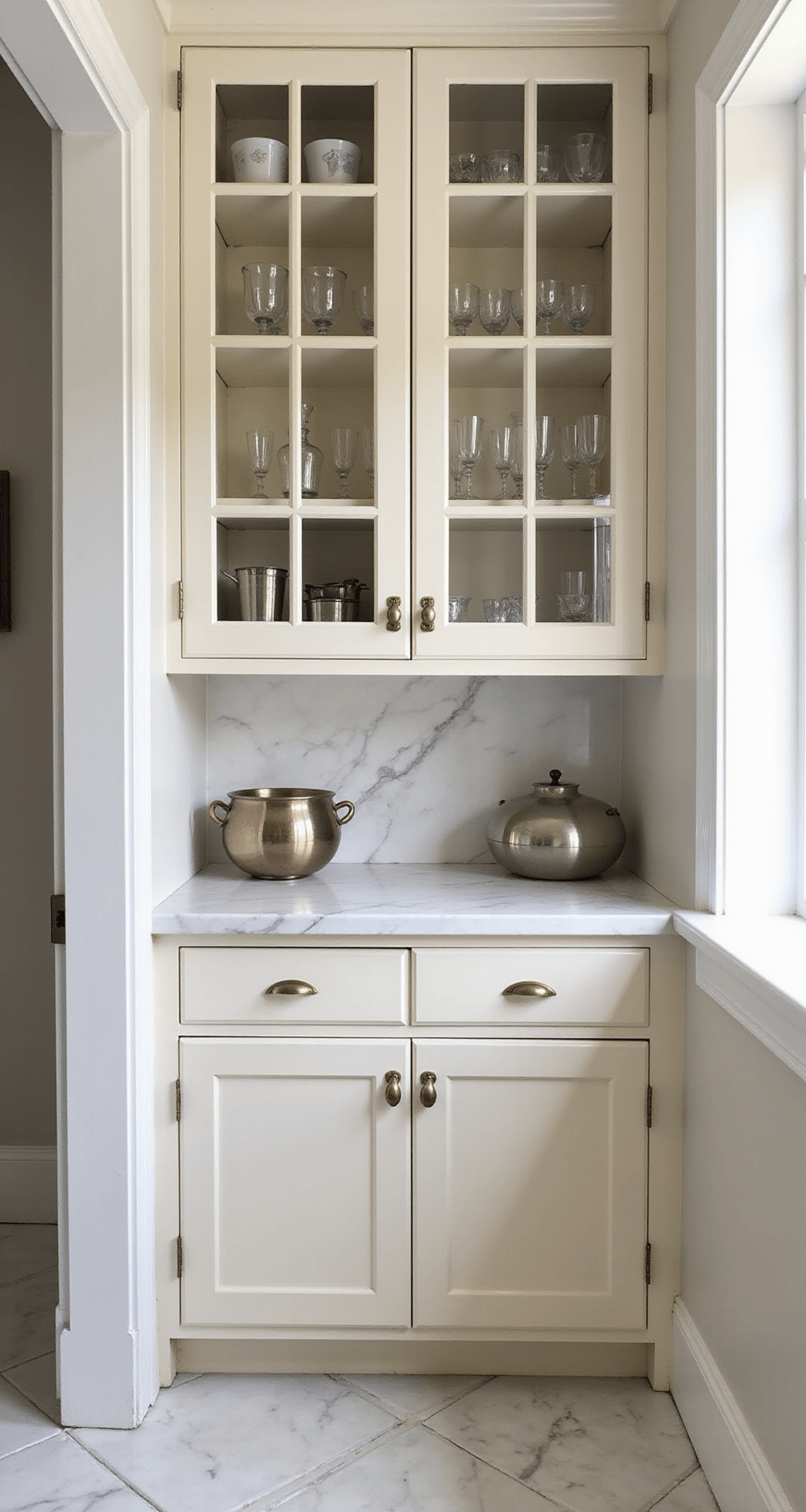 Bright morning kitchen scene featuring a butler's pantry with cream cabinets, glass-front upper cabinets, antique brass hardware, and white marble countertops. Open shelving showcases mixed metallic and glass accessories. Herringbone marble floor tile adds elegance, with natural light illuminating the space from an adjacent window. The camera angle captures cabinet details with a low perspective, conveying an organized and sophisticated mood.