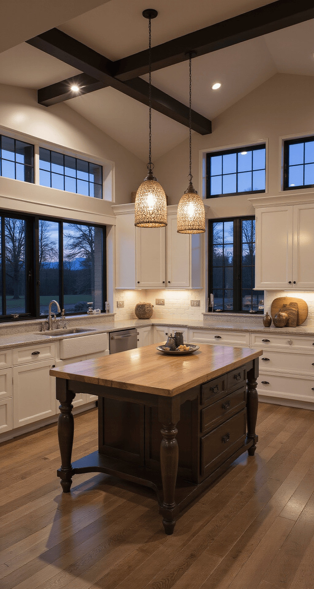 Dramatic dusk shot of a modern farmhouse kitchen featuring cream Shaker cabinets, a butcher block island, and quartzite counters, with woven pendant lights illuminating the space and black steel-frame windows framing the scene.