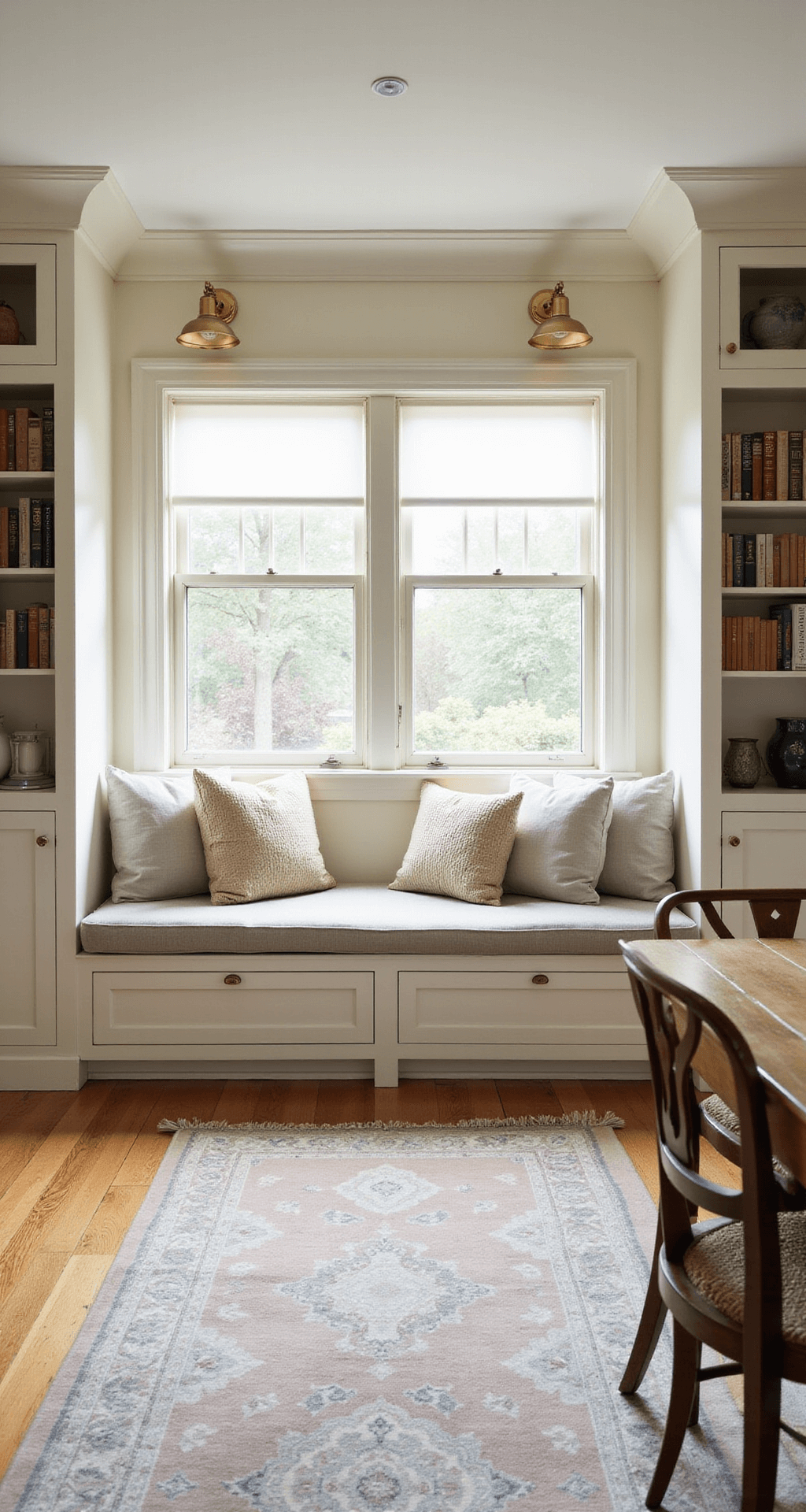 A sunlit breakfast nook featuring custom cream cabinetry with a window seat, brass library lights highlighting a cookbook collection, and soft linen cushions. A vintage rug anchors the 8x10ft corner space with 8ft ceilings, as morning light gently streams through the windows, creating a mood of casual elegance.