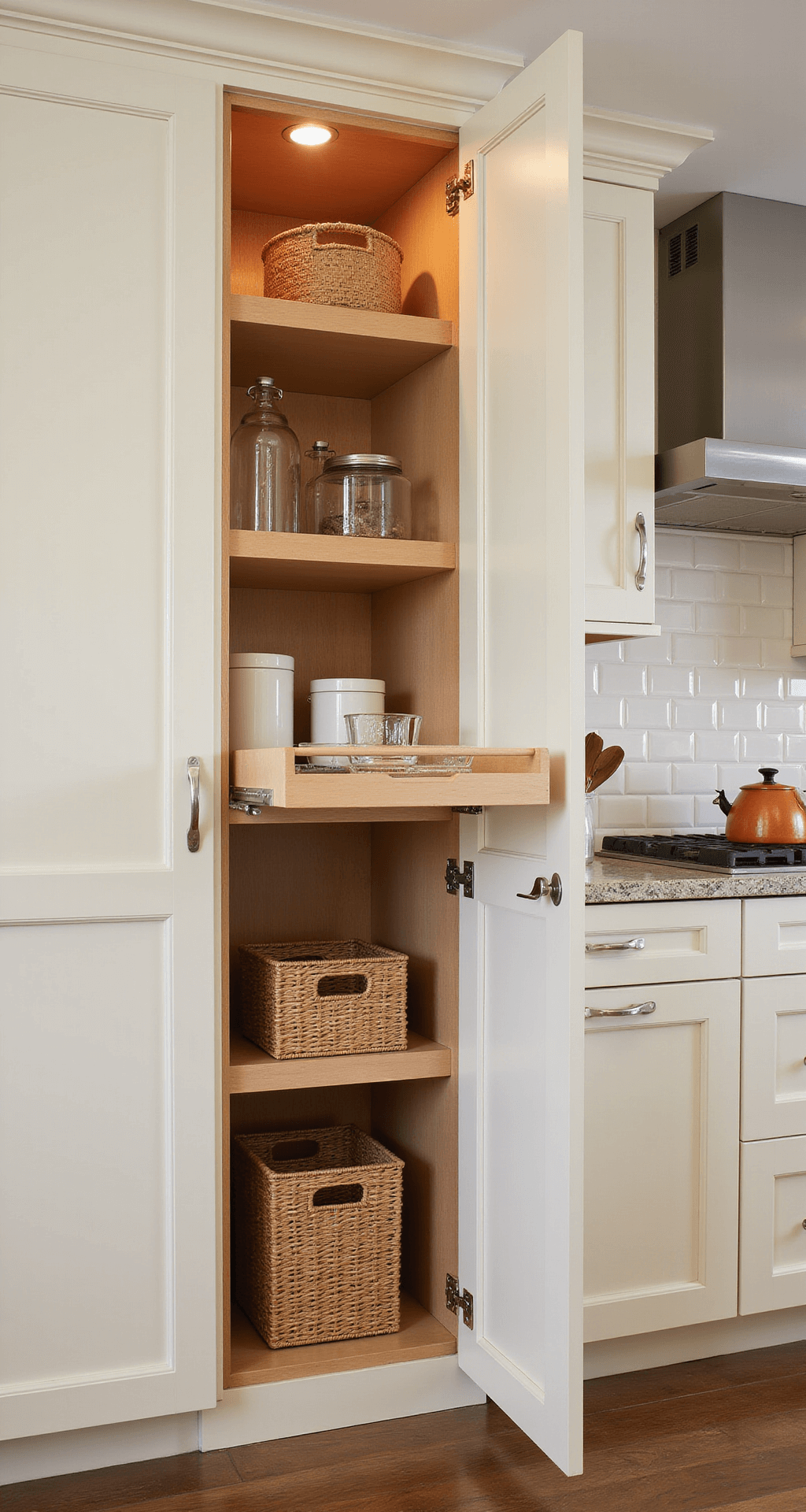 Detail view of a cream cabinet kitchen featuring a pull-out pantry system with warm wood interior organization, woven storage baskets, glass containers, and copper accents, enhanced by LED lighting, showcasing practical luxury.