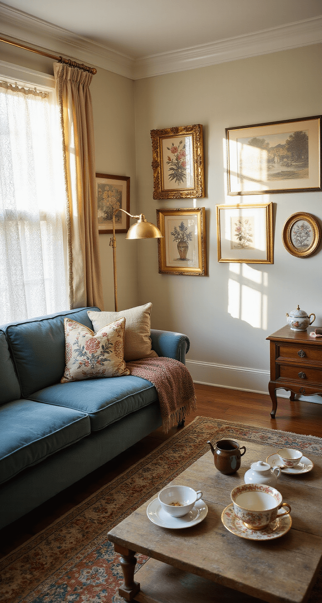 A sunlit living room with 12ft ceilings, featuring a slate blue mid-century sofa, vintage pillows, brass floor lamp, and marble side table, surrounded by layered rugs and antique botanical prints.