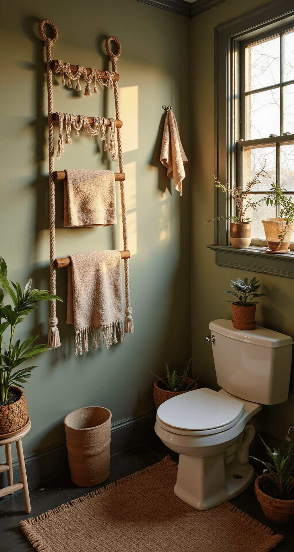 A bohemian spa bathroom features a vintage ladder repurposed as towel storage against a sage green wall, illuminated by golden hour light through stained glass windows. Macramé plant holders hang nearby, while Turkish towels in earth tones are draped artfully. The scene is captured from a slightly elevated angle, highlighting the vertical arrangement with warm ambient lighting accentuating texture details.