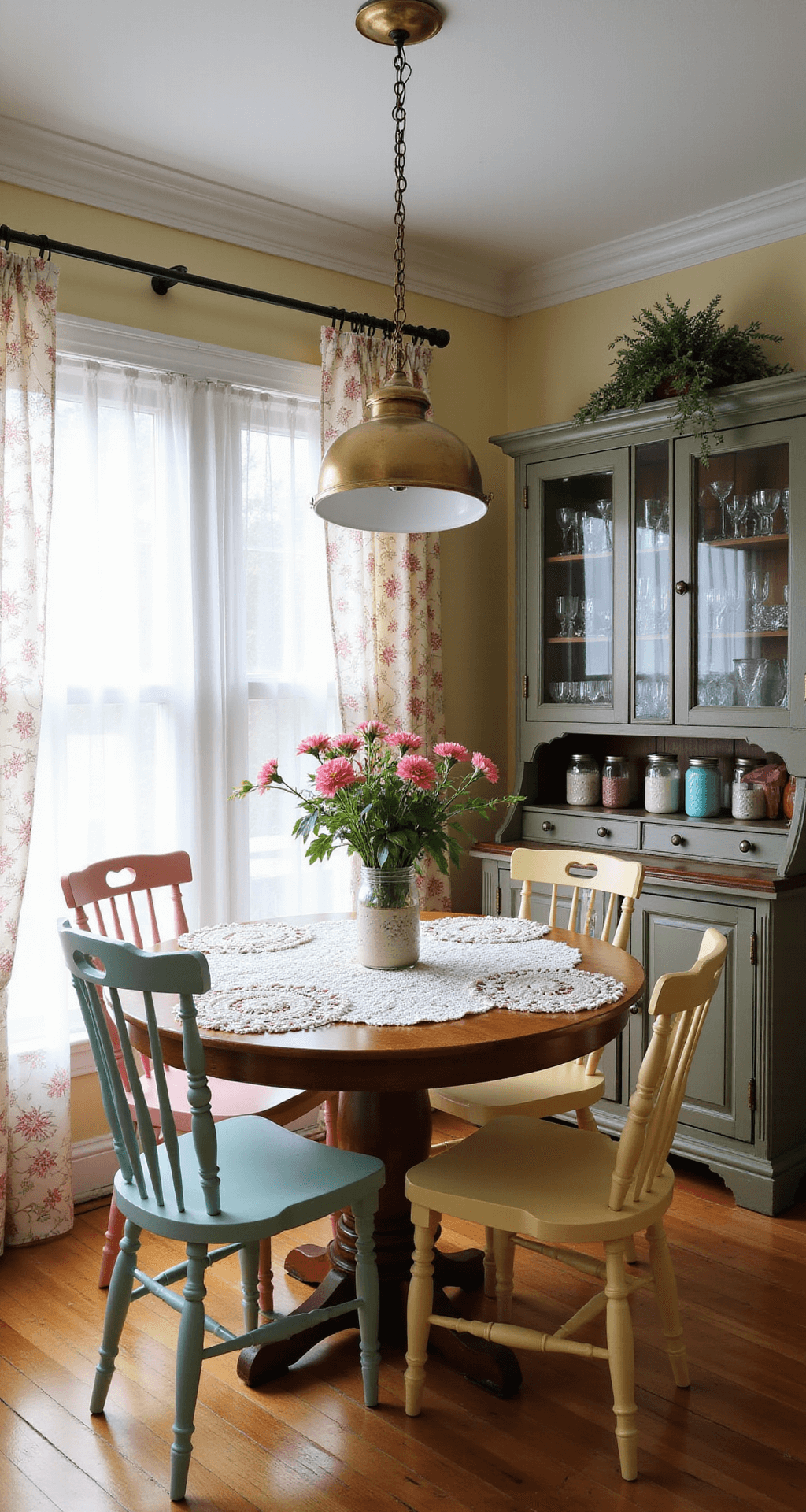 Intimate breakfast nook featuring a round oak pedestal table surrounded by mix-matched pastel-colored chairs, illuminated by early morning light filtering through sheer floral curtains, with a modern brass pendant light above and a china cabinet displaying Depression glass. Fresh wildflowers in mason jars and crocheted doilies enhance the cozy atmosphere, captured from table height to emphasize the blend of vintage and contemporary elements.