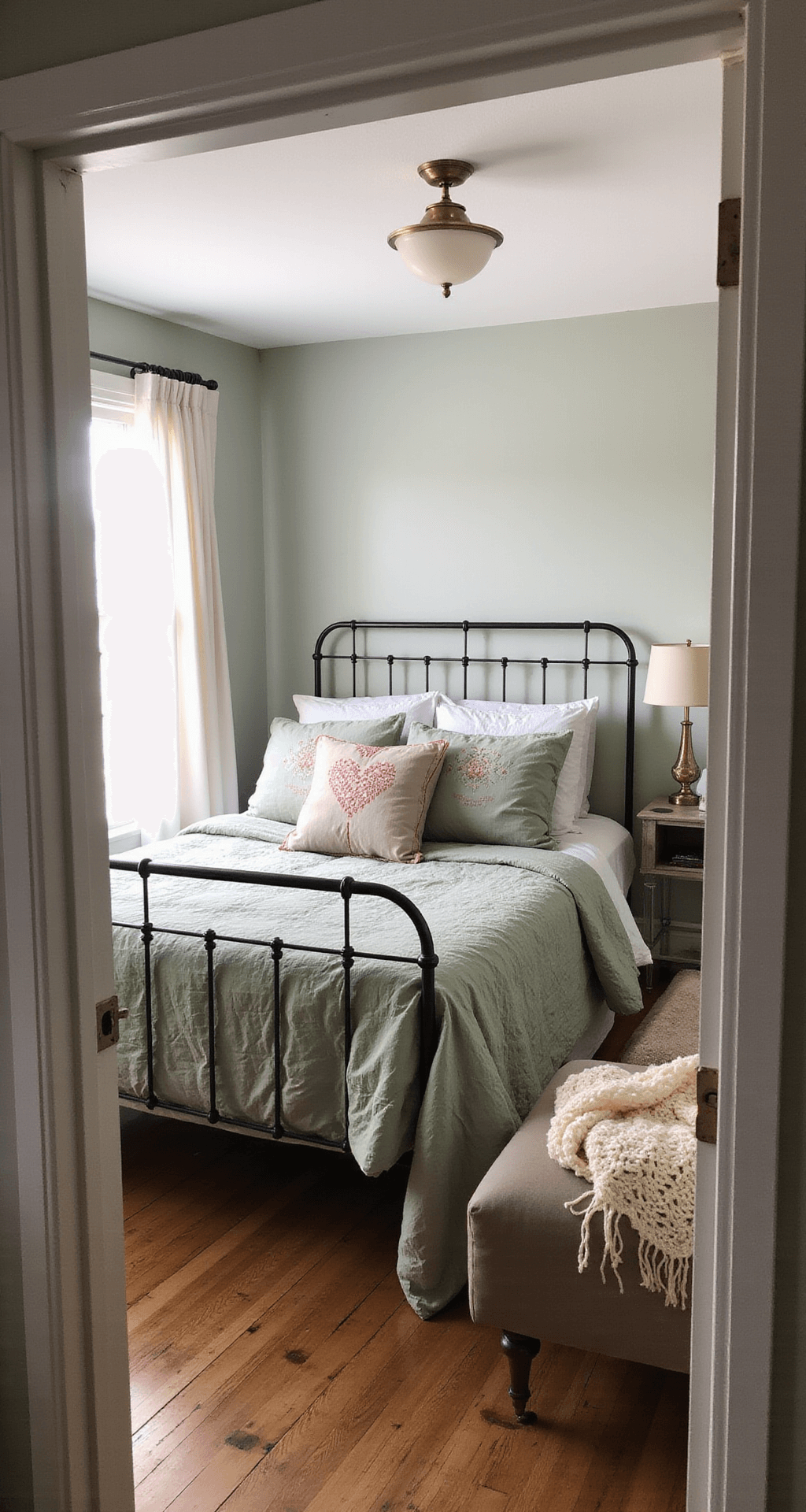 Cozy bedroom with hardwood floors and tufted ceiling, featuring an iron bed with vintage quilts and sage green duvet, complemented by a lucite nightstand, brass lamp, and velvet chair draped with a cream wool throw, all bathed in late afternoon glow.