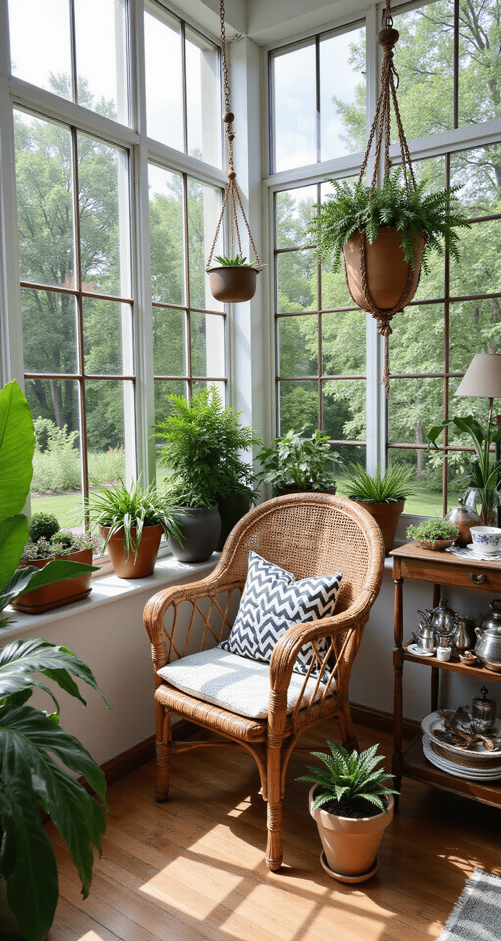 A bright sunroom featuring floor-to-ceiling windows, a rattan peacock chair with modern cushions, vintage planters filled with ferns and succulents, a styled tea cart with contemporary ceramics and antiques, macramé plant hangers, and copper mobiles, all illuminated by natural light casting dramatic shadows.