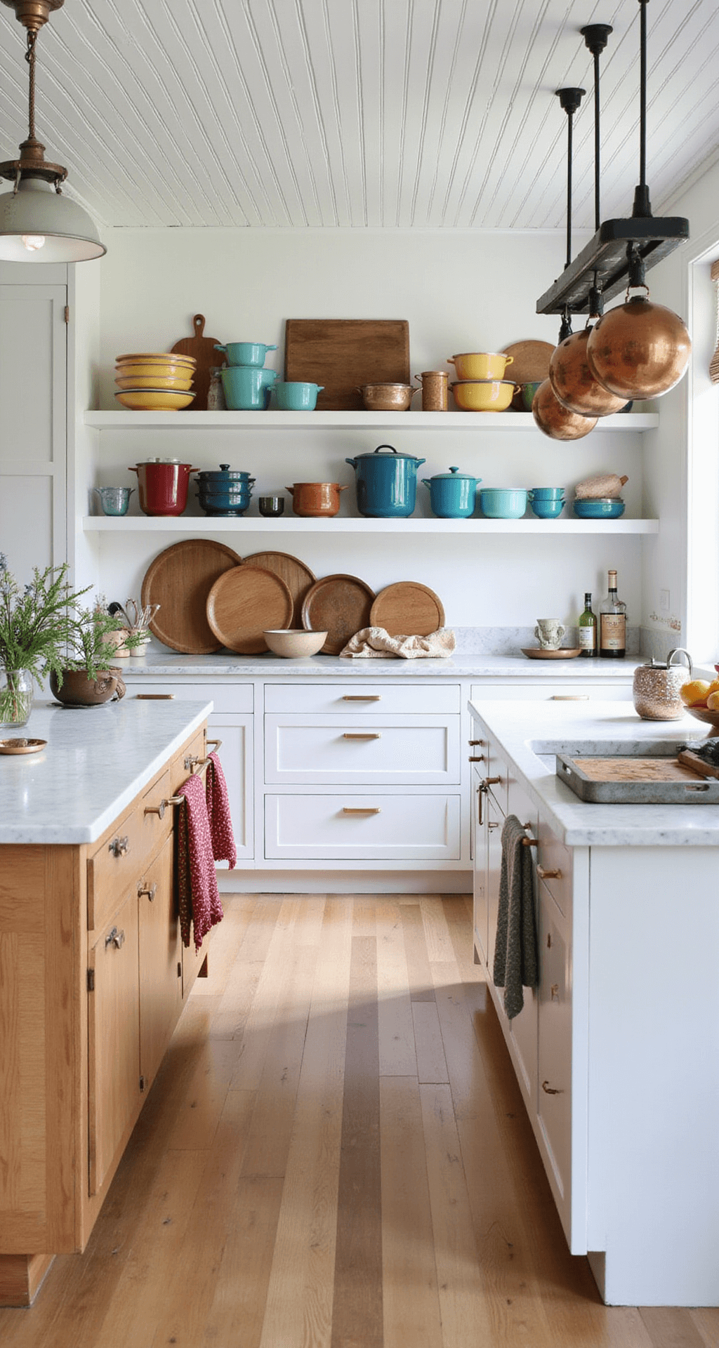 A cozy farmhouse kitchen featuring a beadboard ceiling, modern white cabinets showcasing a collection of vintage jewel-toned Pyrex, contemporary marble countertops paired with antique cutting boards and enamelware, copper pots hanging from an industrial rack, and colorful hand-stitched tea towels; viewed from counter height with warm ambient lighting.