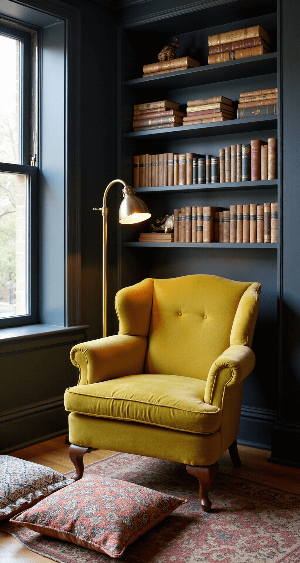 A cozy reading nook featuring a vintage wingback chair in chartreuse velvet, a brass floor lamp, floating modern shelves with stacked antique books and contemporary bookends, and handmade quilted floor cushions in traditional patterns, all illuminated by warm lamp lighting and natural window highlights.