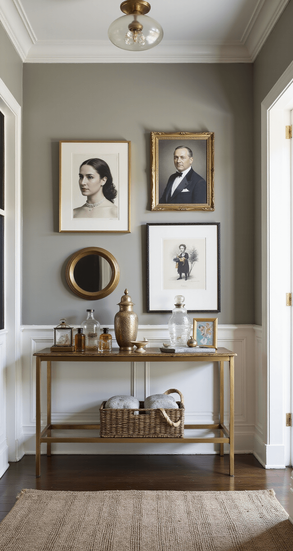 Eclectic entryway featuring original wainscoting, modern brass console table adorned with vintage mirrors and antique perfume bottles, gallery wall of Victorian portraits and modern abstract art, and a muted hand-knotted runner, all captured straight-on with ambient and focused lighting.
