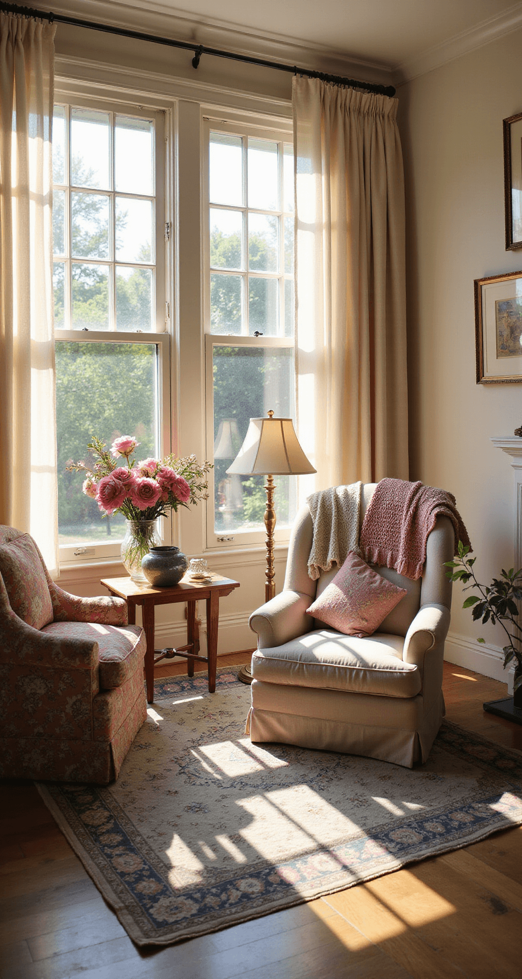 A sunlit living room featuring tall bay windows, an oversized floral-print armchair in muted rose, a cream linen sofa with hand-crocheted throws, vintage brass table lamps, a Persian rug in faded blues and pinks, and crystal vases with fresh peonies, all captured at golden hour with a dreamy, nostalgic atmosphere.